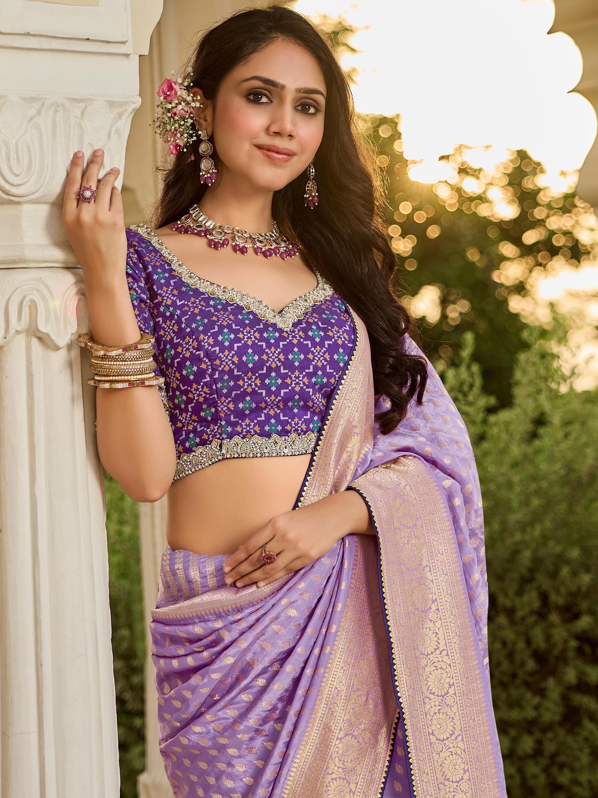 Adorable Lavender Zari Weaving Silk Wedding Wear Saree With Blouse