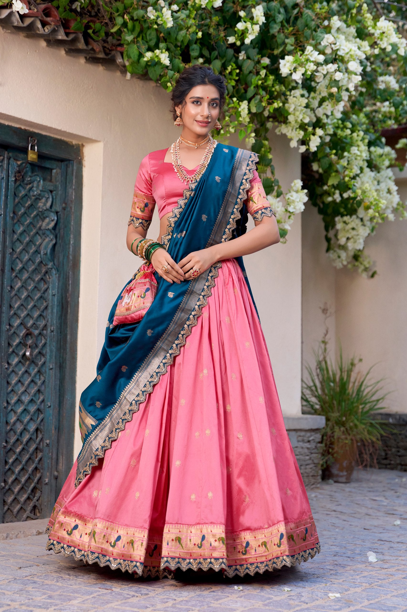 Paithani Jacquard Silk Lehenga Choli with Batwa Bag