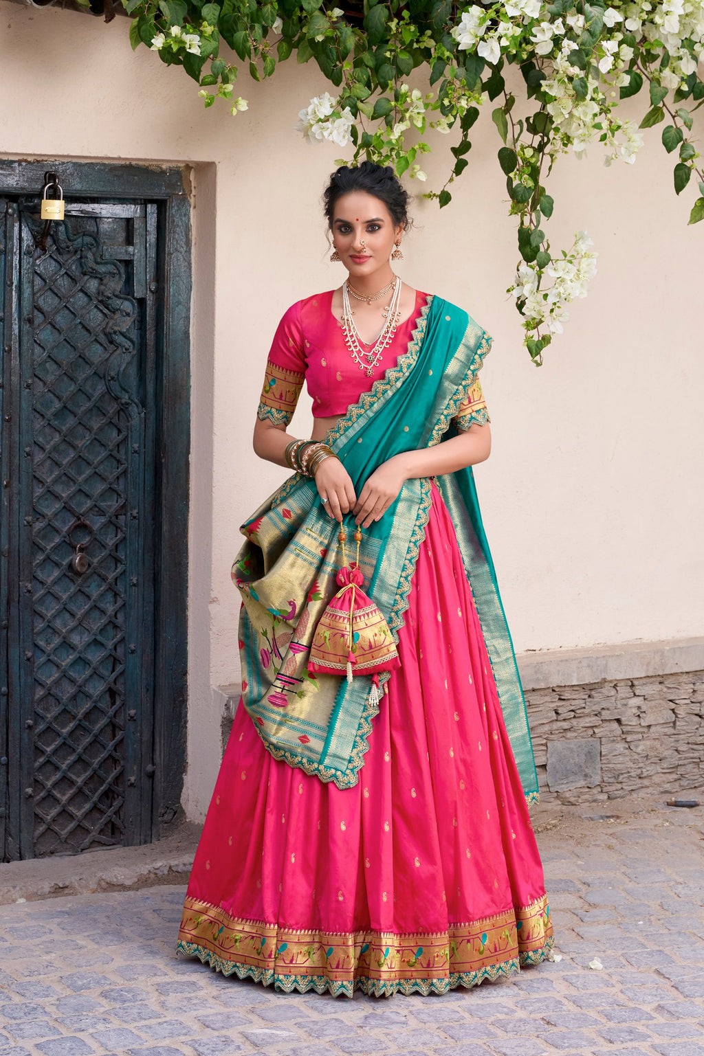 Paithani Jacquard Silk Lehenga Choli with Batwa Bag