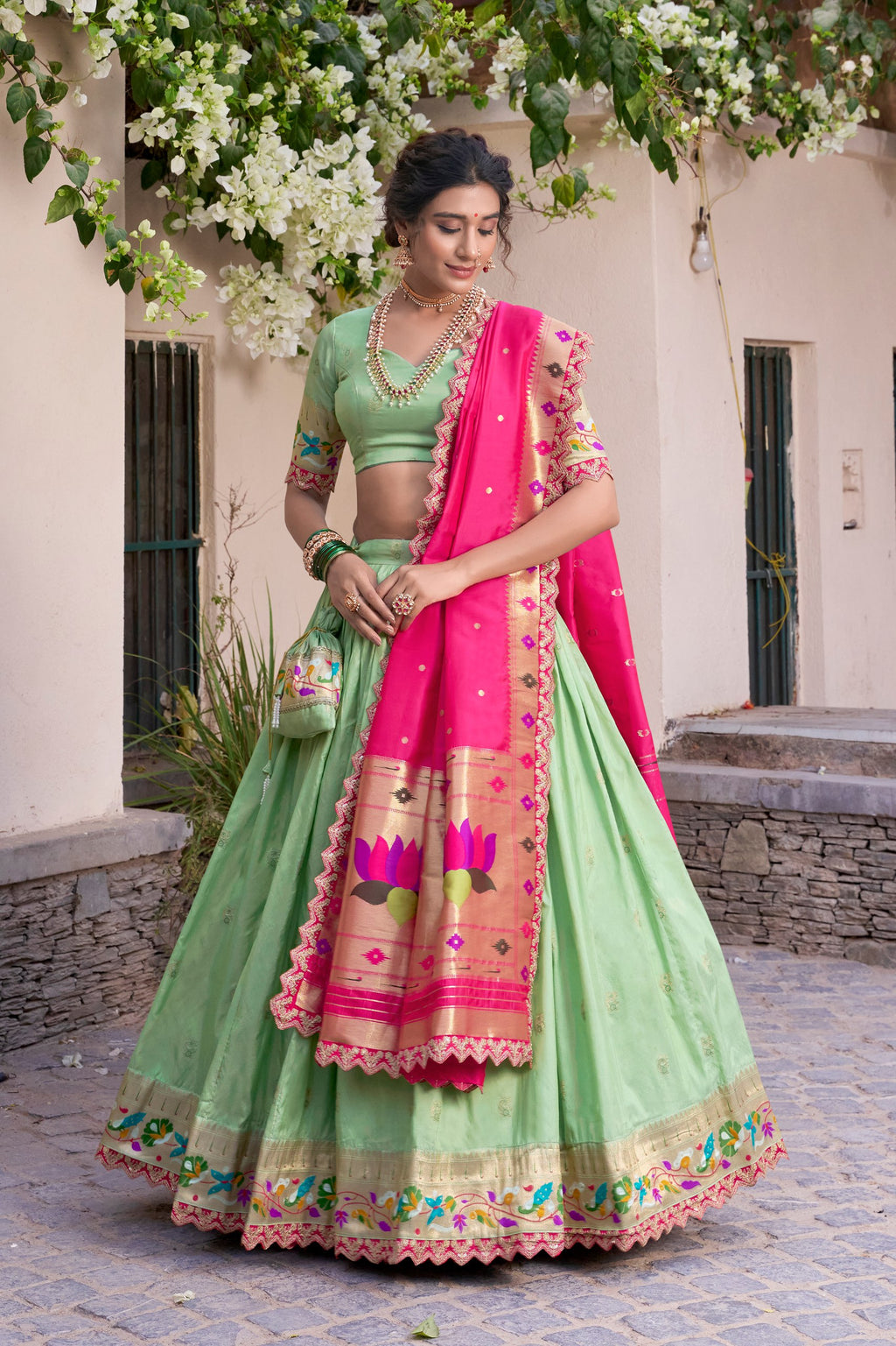 Paithani Jacquard Silk Lehenga Choli with Batwa Bag