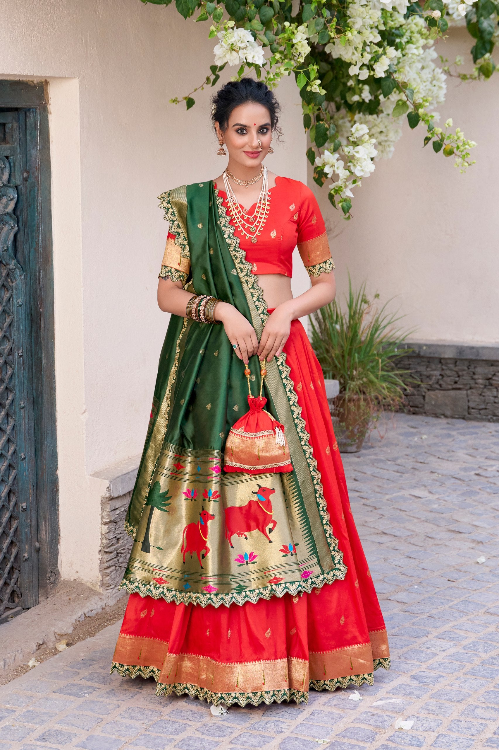 Paithani Jacquard Silk Lehenga Choli with Batwa Bag