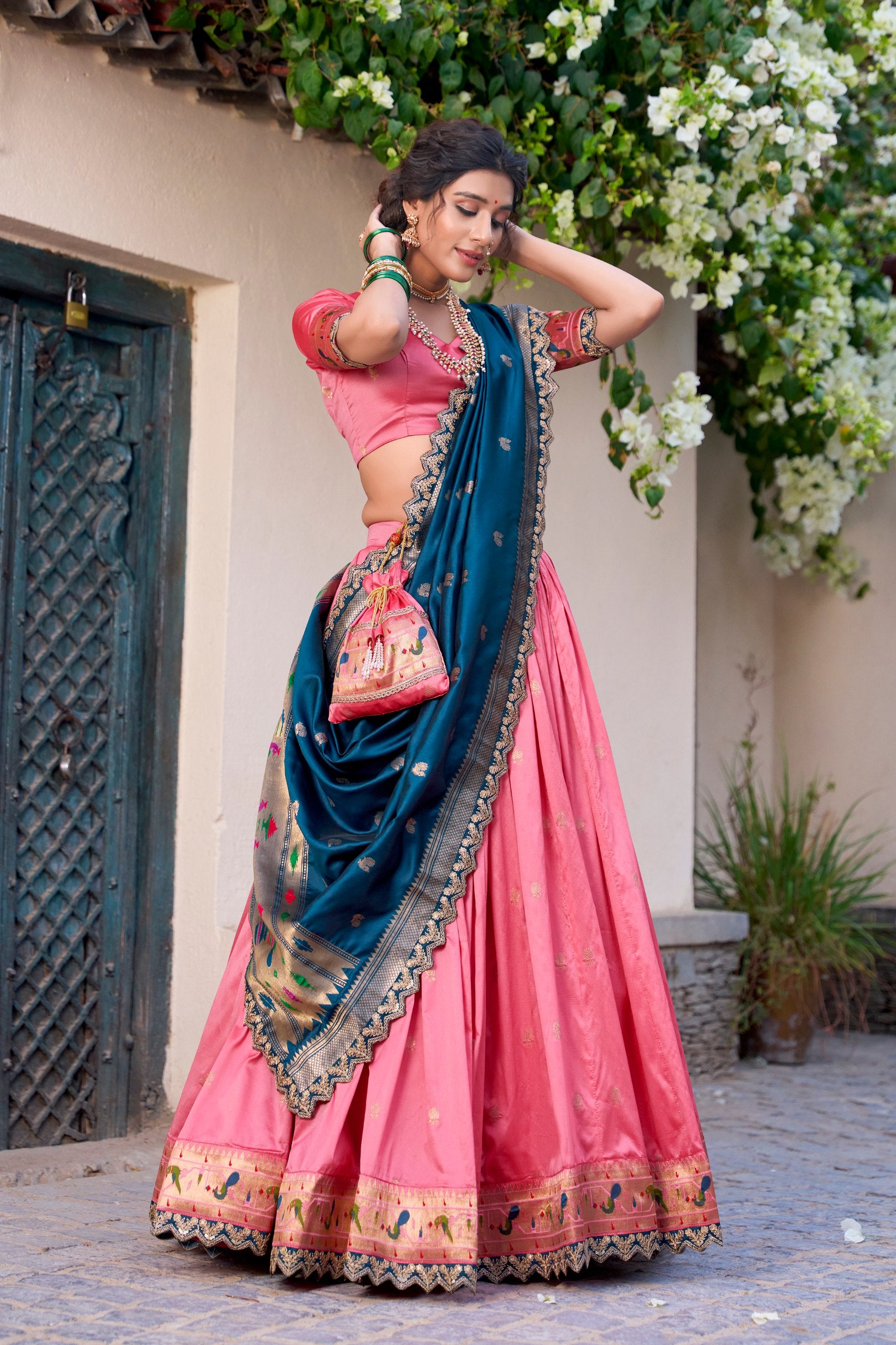 Paithani Jacquard Silk Lehenga Choli with Batwa Bag