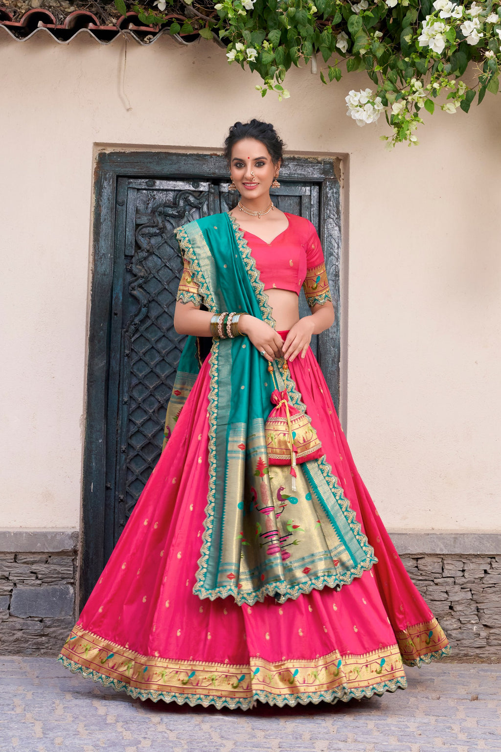 Paithani Jacquard Silk Lehenga Choli with Batwa Bag