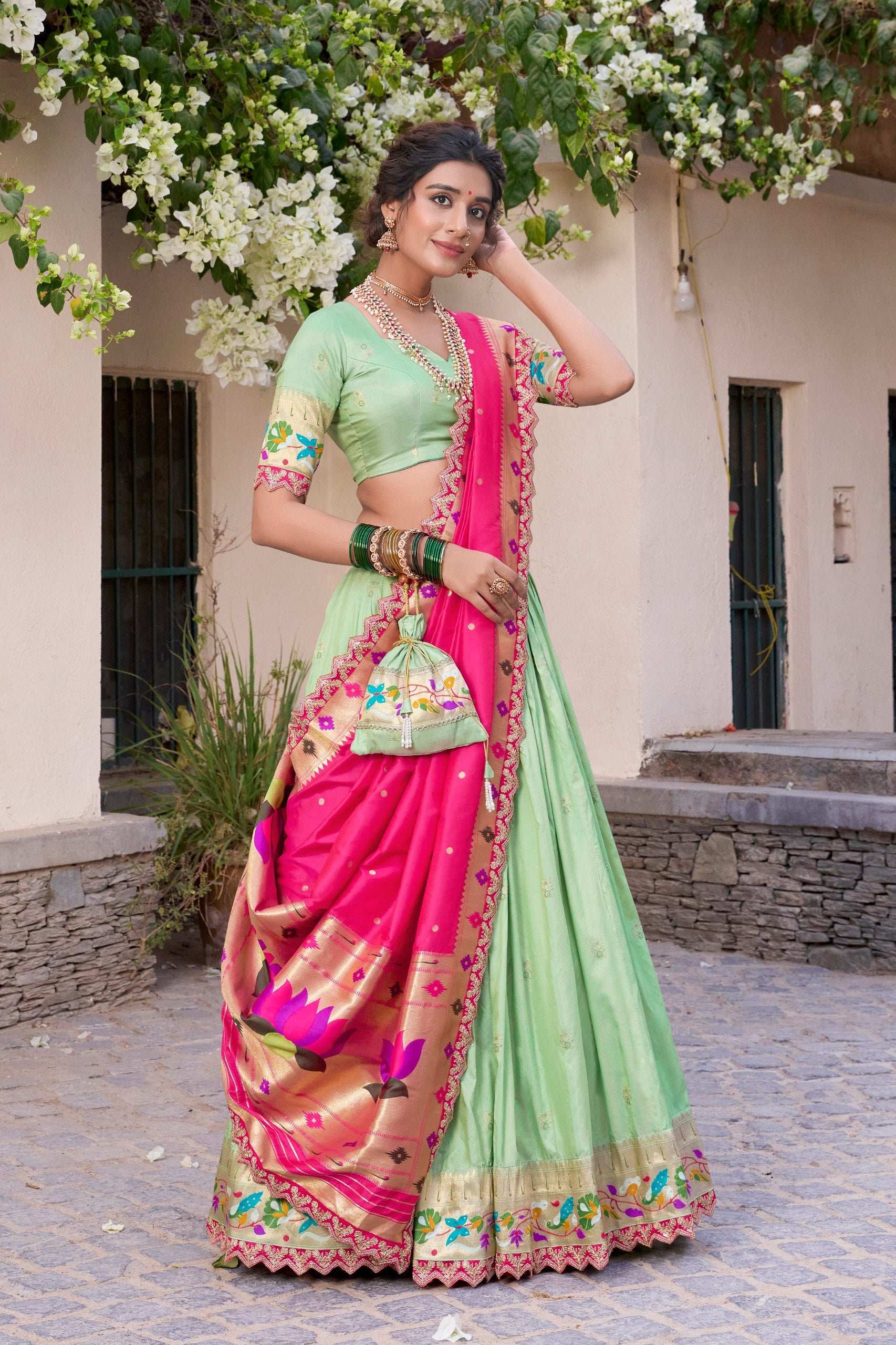 Paithani Jacquard Silk Lehenga Choli with Batwa Bag