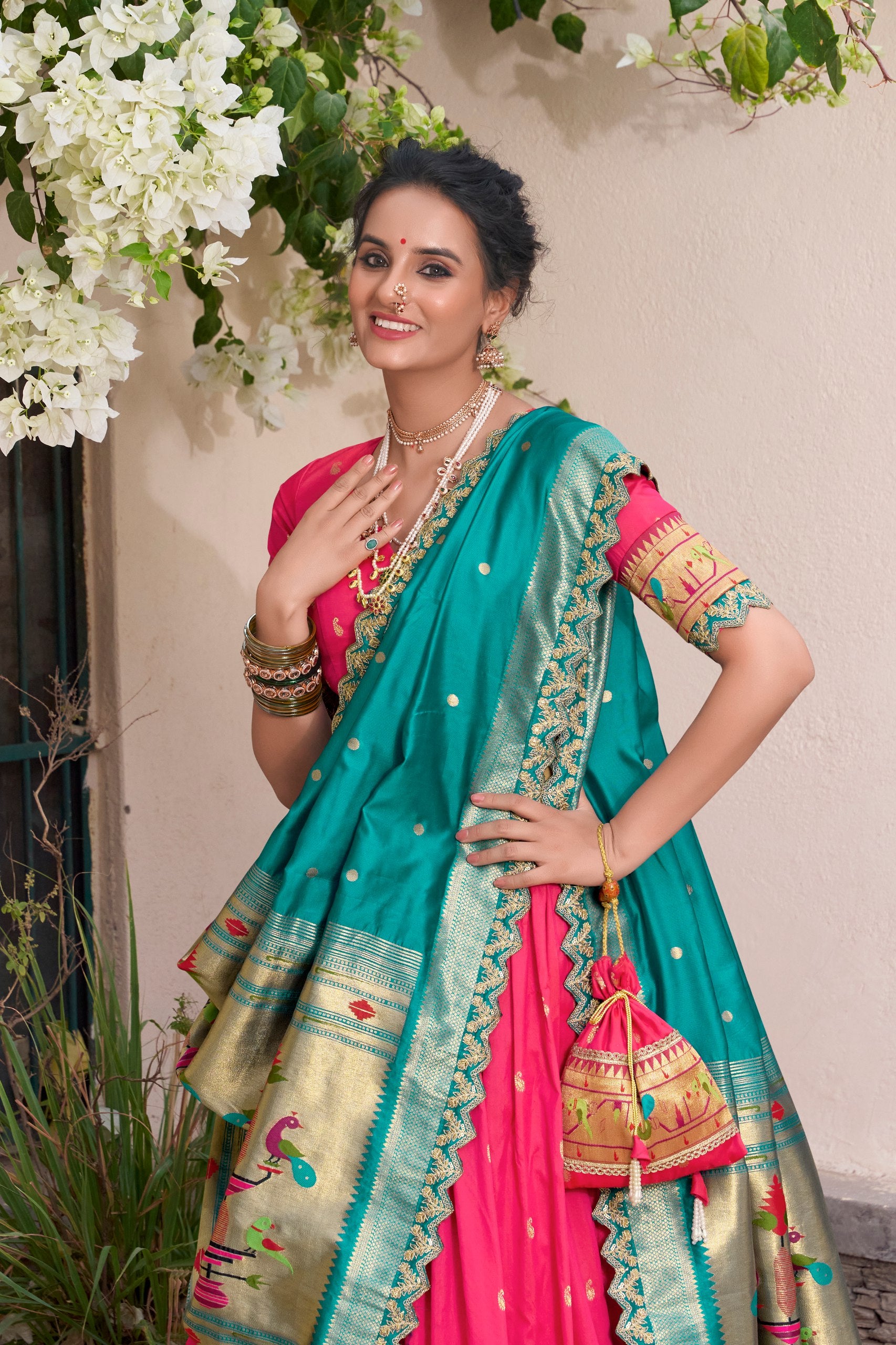 Paithani Jacquard Silk Lehenga Choli with Batwa Bag