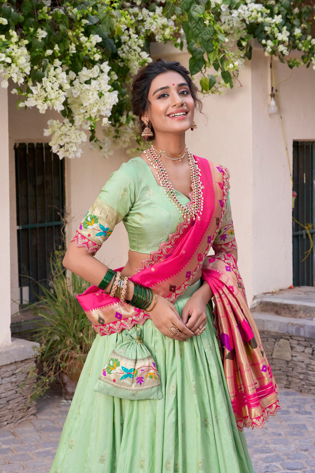 Paithani Jacquard Silk Lehenga Choli with Batwa Bag