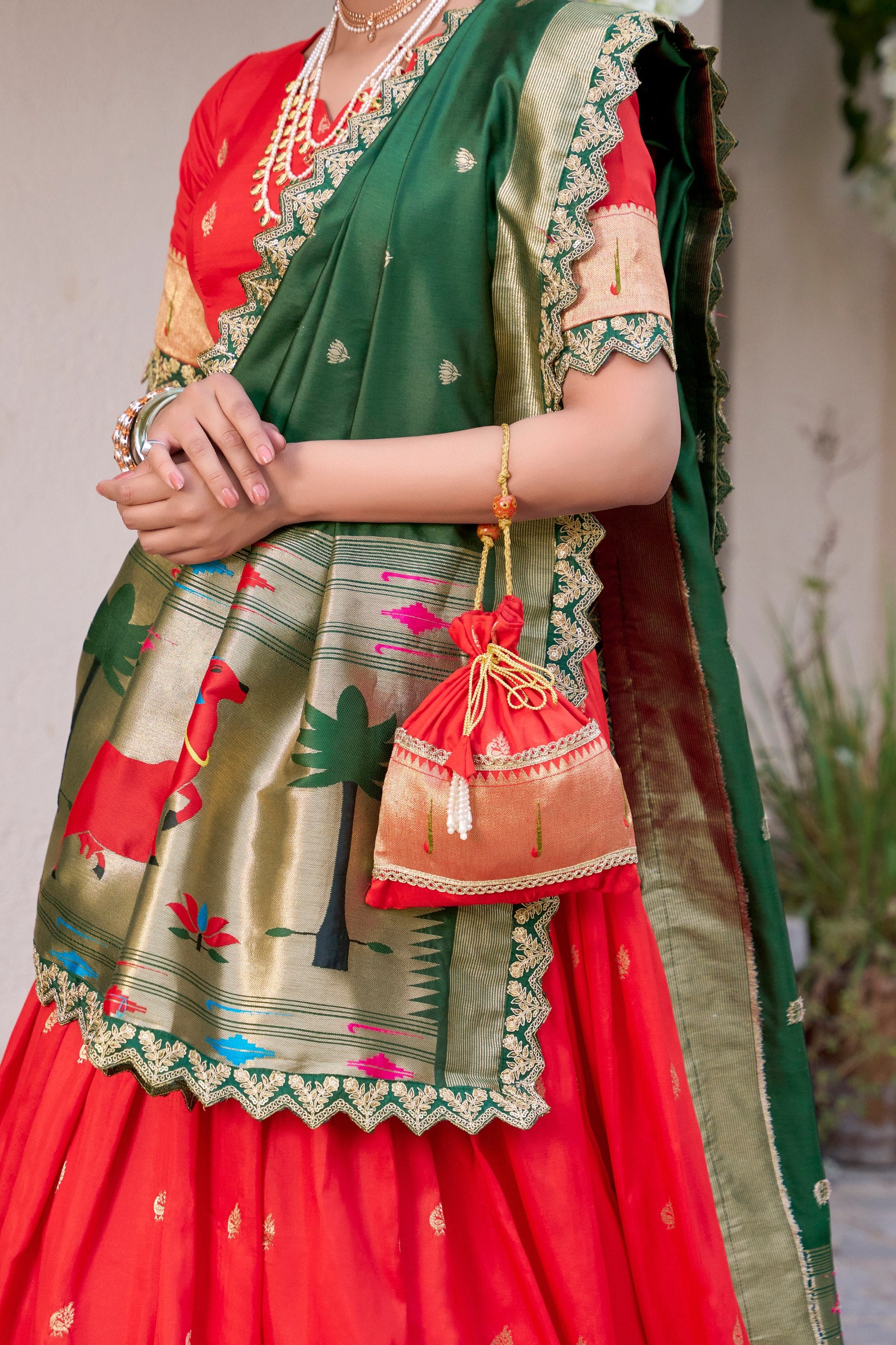 Paithani Jacquard Silk Lehenga Choli with Batwa Bag