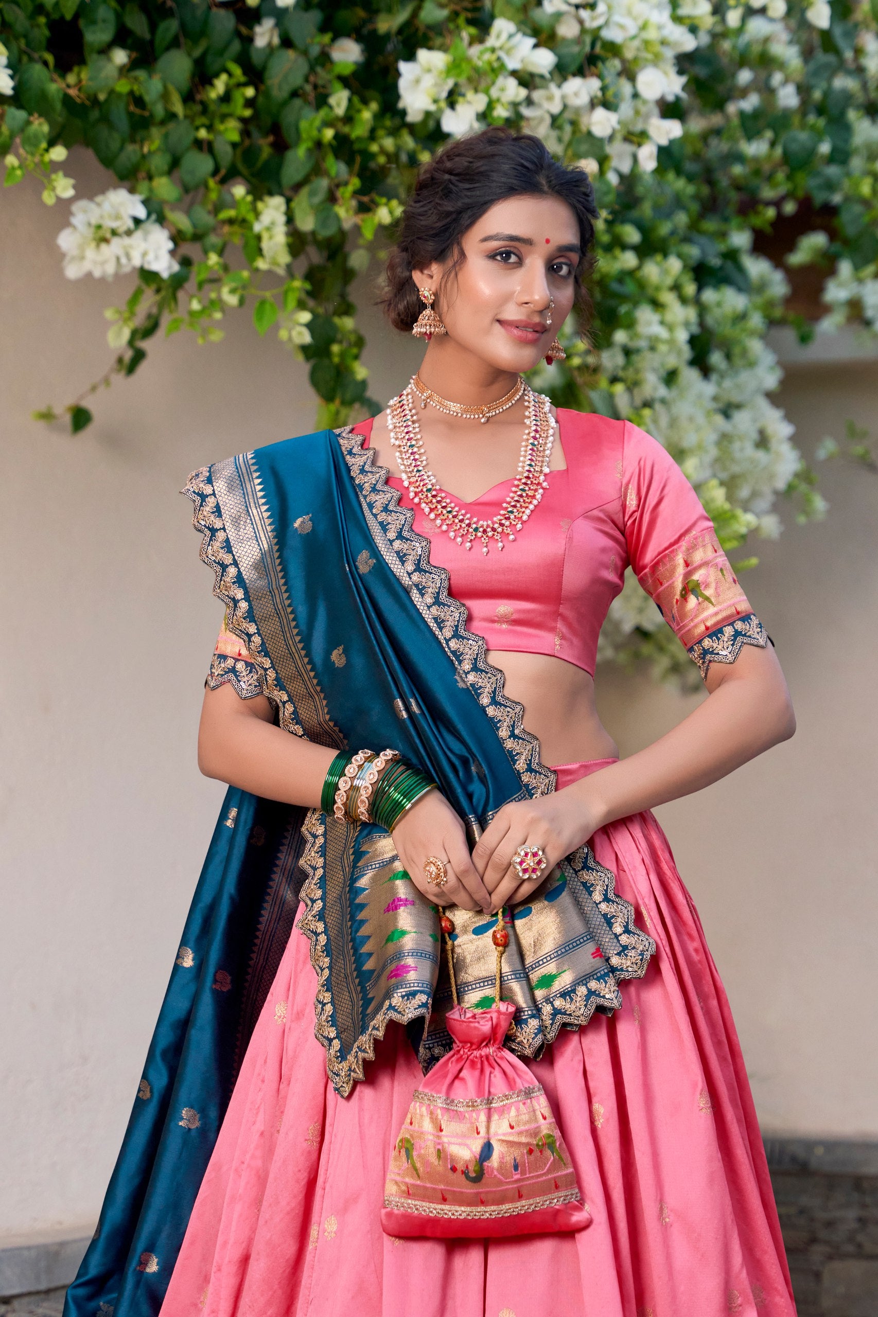 Paithani Jacquard Silk Lehenga Choli with Batwa Bag