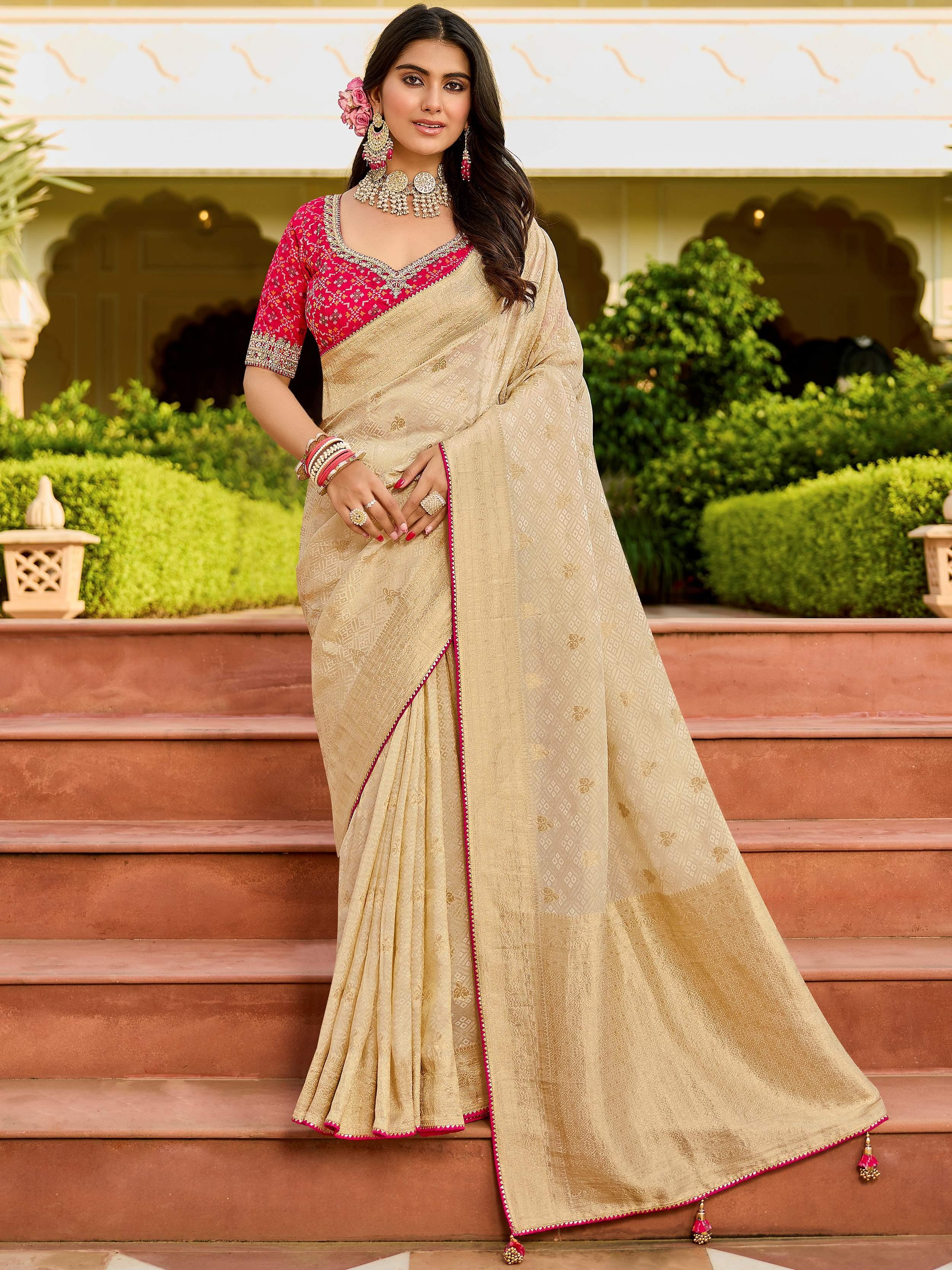 Enchanting Beige Zari Weaving Silk Traditional Wear Saree With Blouse