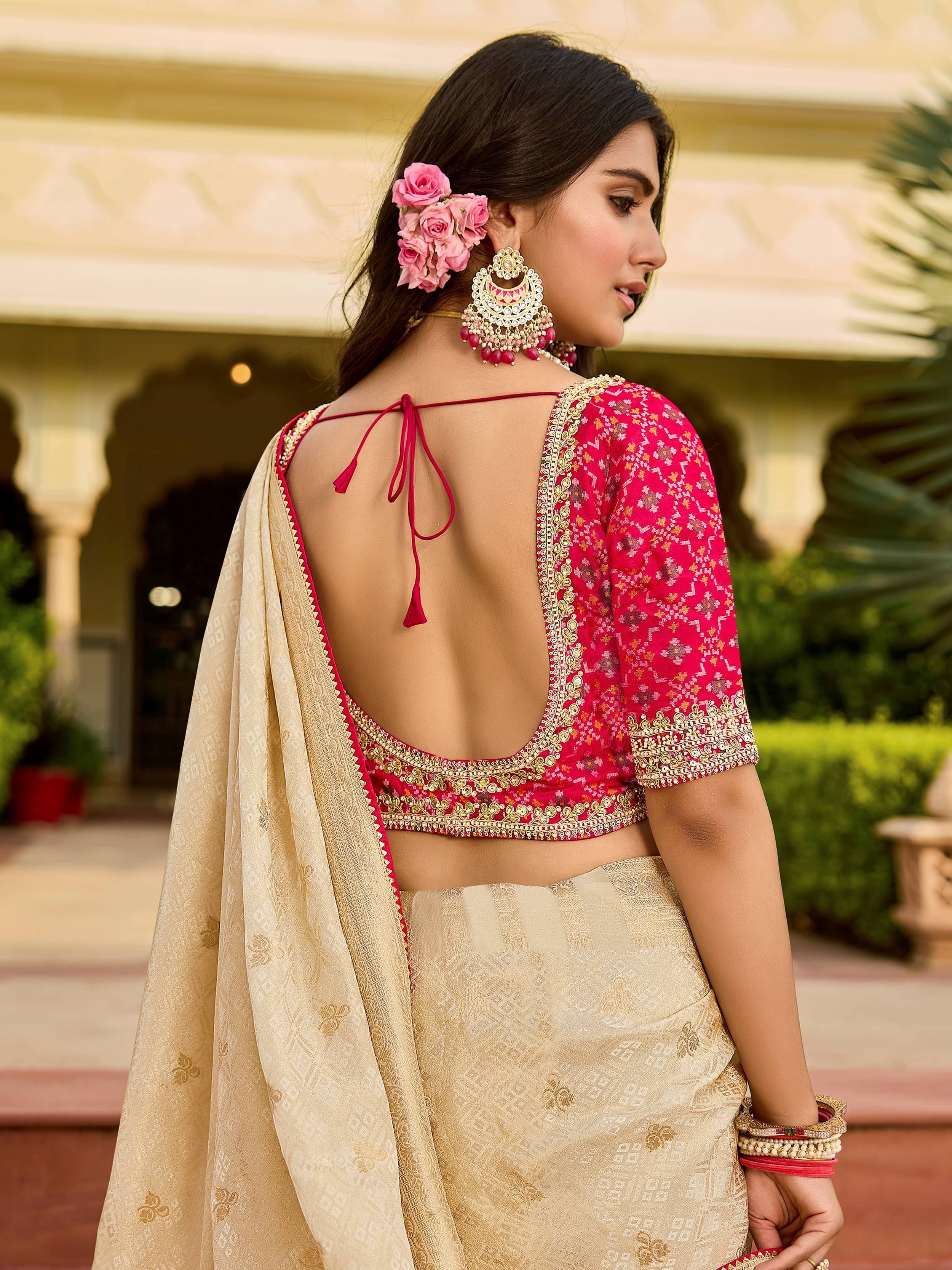 Enchanting Beige Zari Weaving Silk Traditional Wear Saree With Blouse