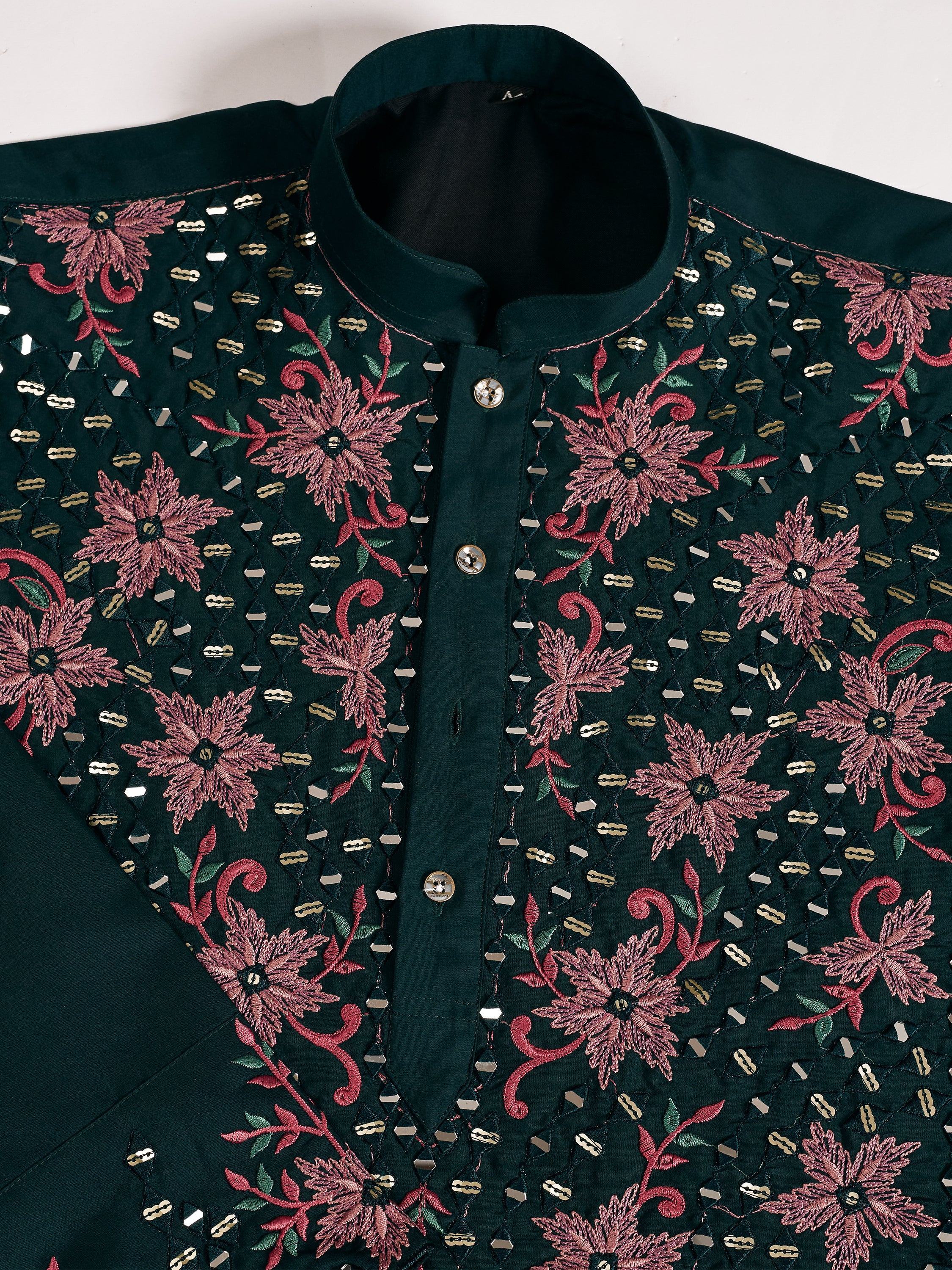 Marvelous Green Thread Work Viscose Silk Traditional Men Kurta