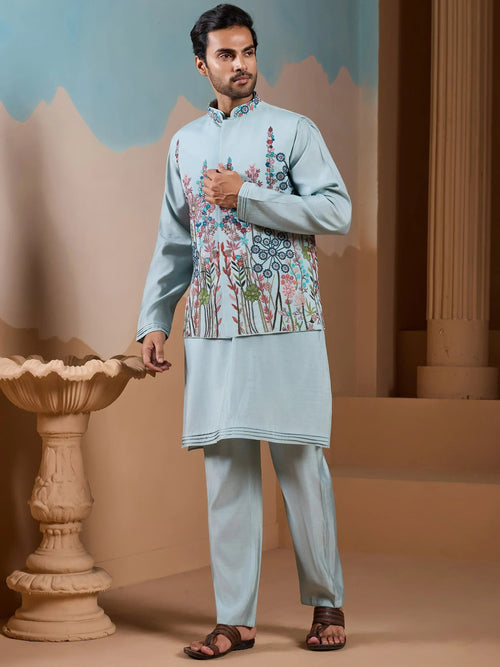 Awesome Pista Silk Men's Kurta And Pant With Thread Work Jacket