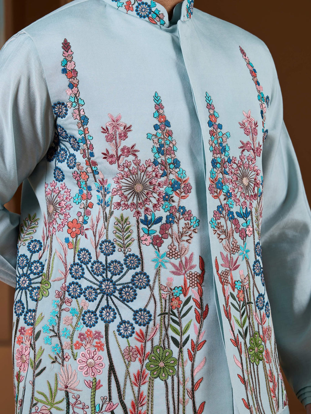 Awesome Pista Silk Men's Kurta And Pant With Thread Work Jacket