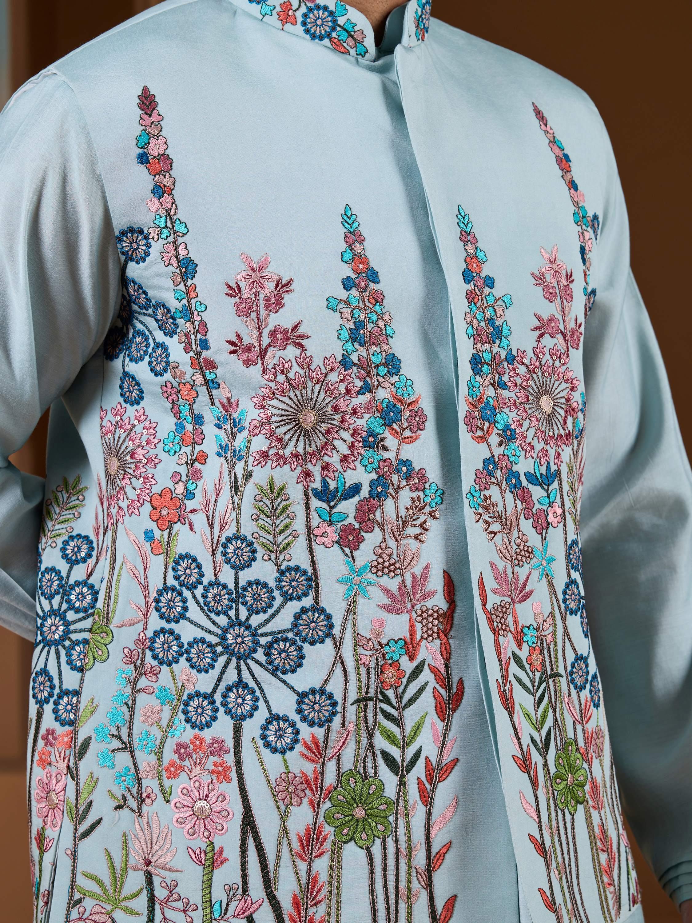 Awesome Pista Silk Men's Kurta And Pant With Thread Work Jacket