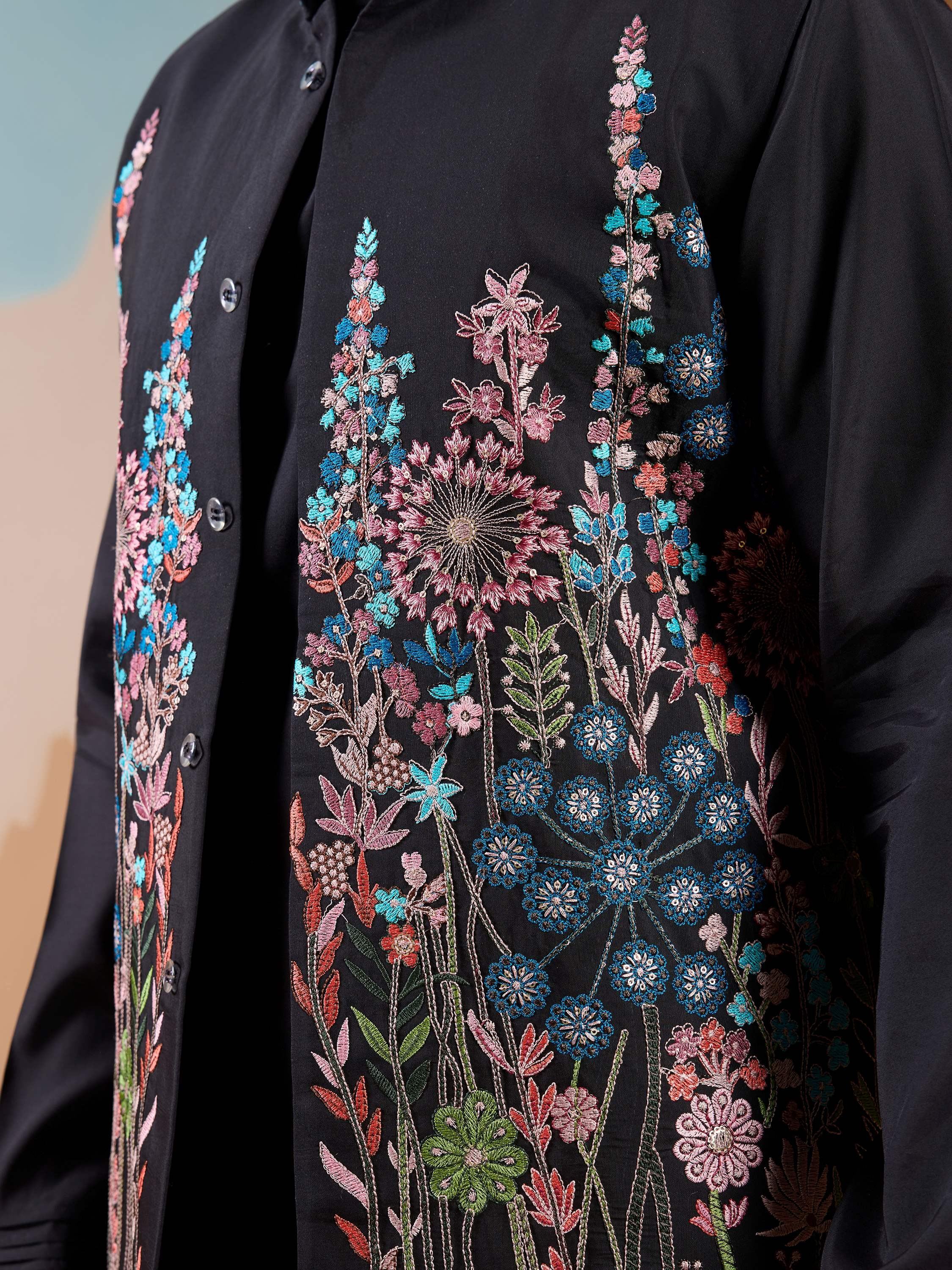 Dazzling Black Silk Men's Kurta And Pant With Thread Work Jacket