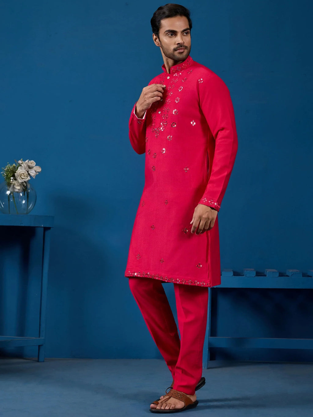 Awesome Rani Pink Thread Work Viscose Silk Festival Wear Men Kurta With Pant