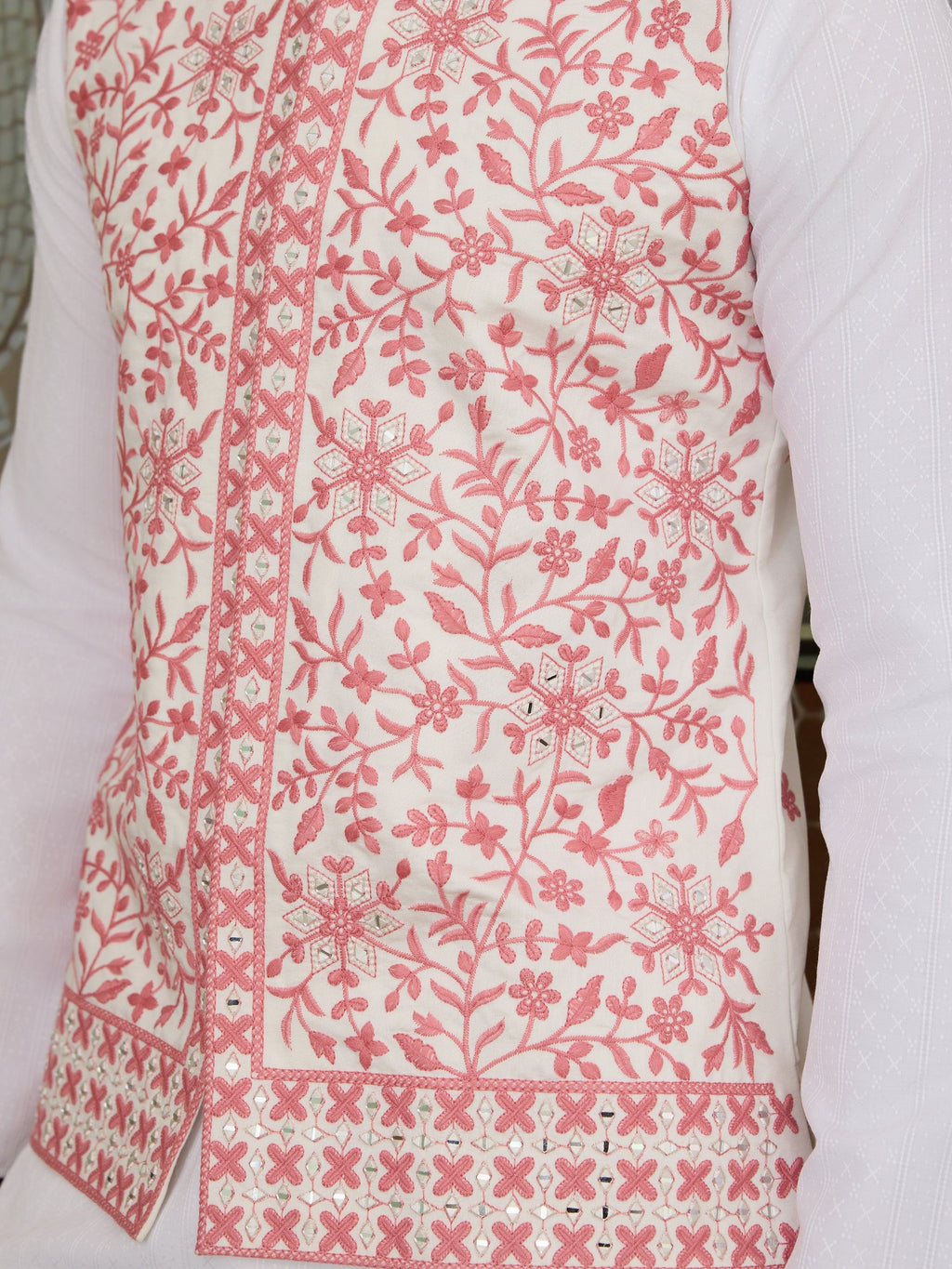 Stunning White Sequins Silk Traditional Men Kurta With Pant And Jacket