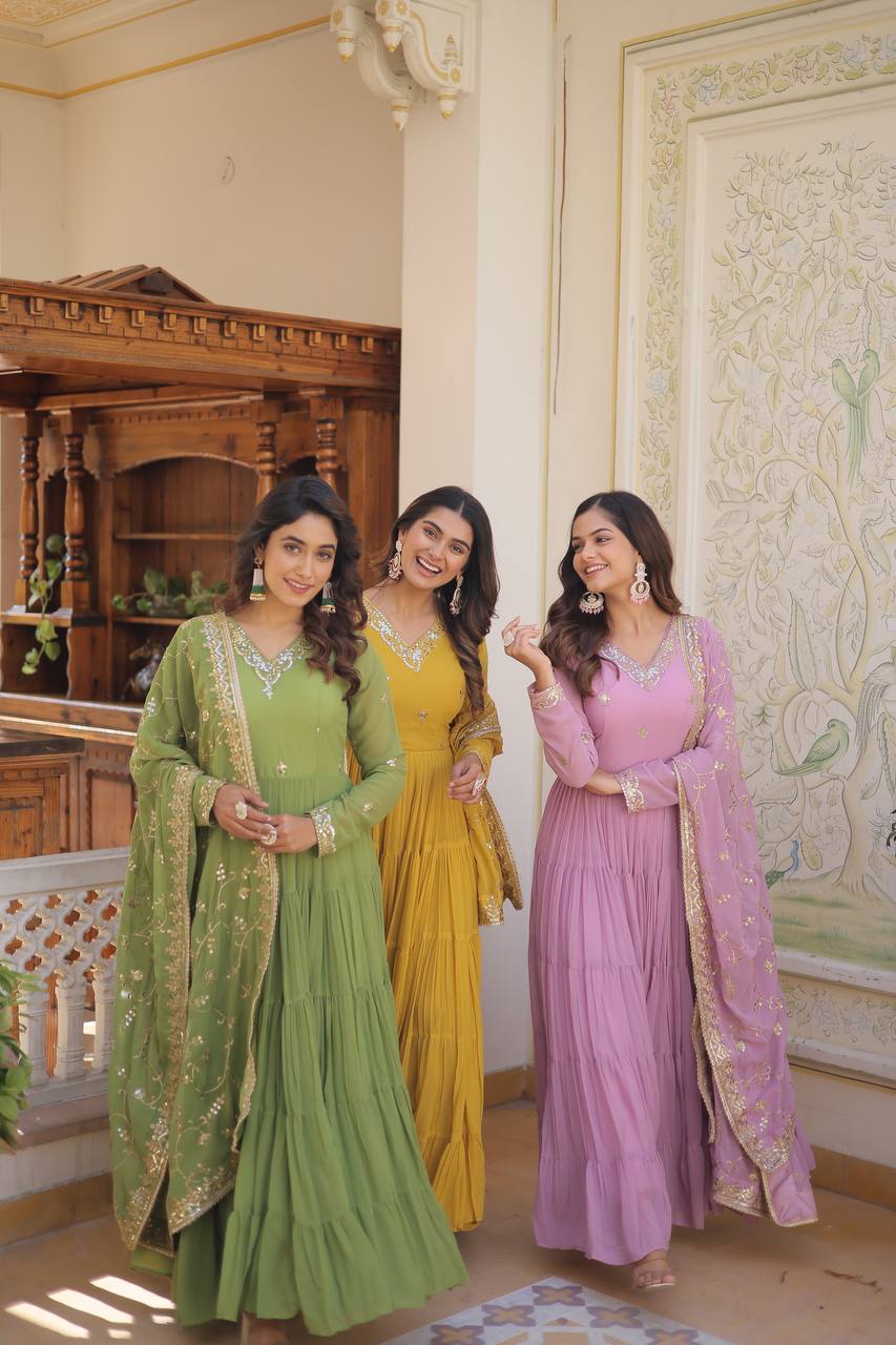 Georgette Embroidered Gown for Mehendi Wear