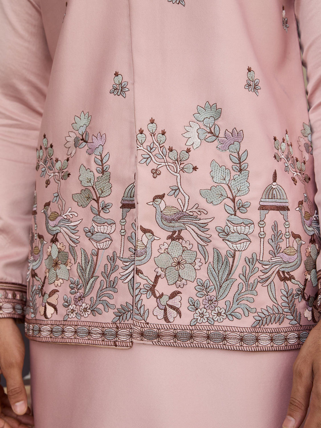 Rich Pink Thread Work Silk Wedding For Men Kurta With Pant And Jacket