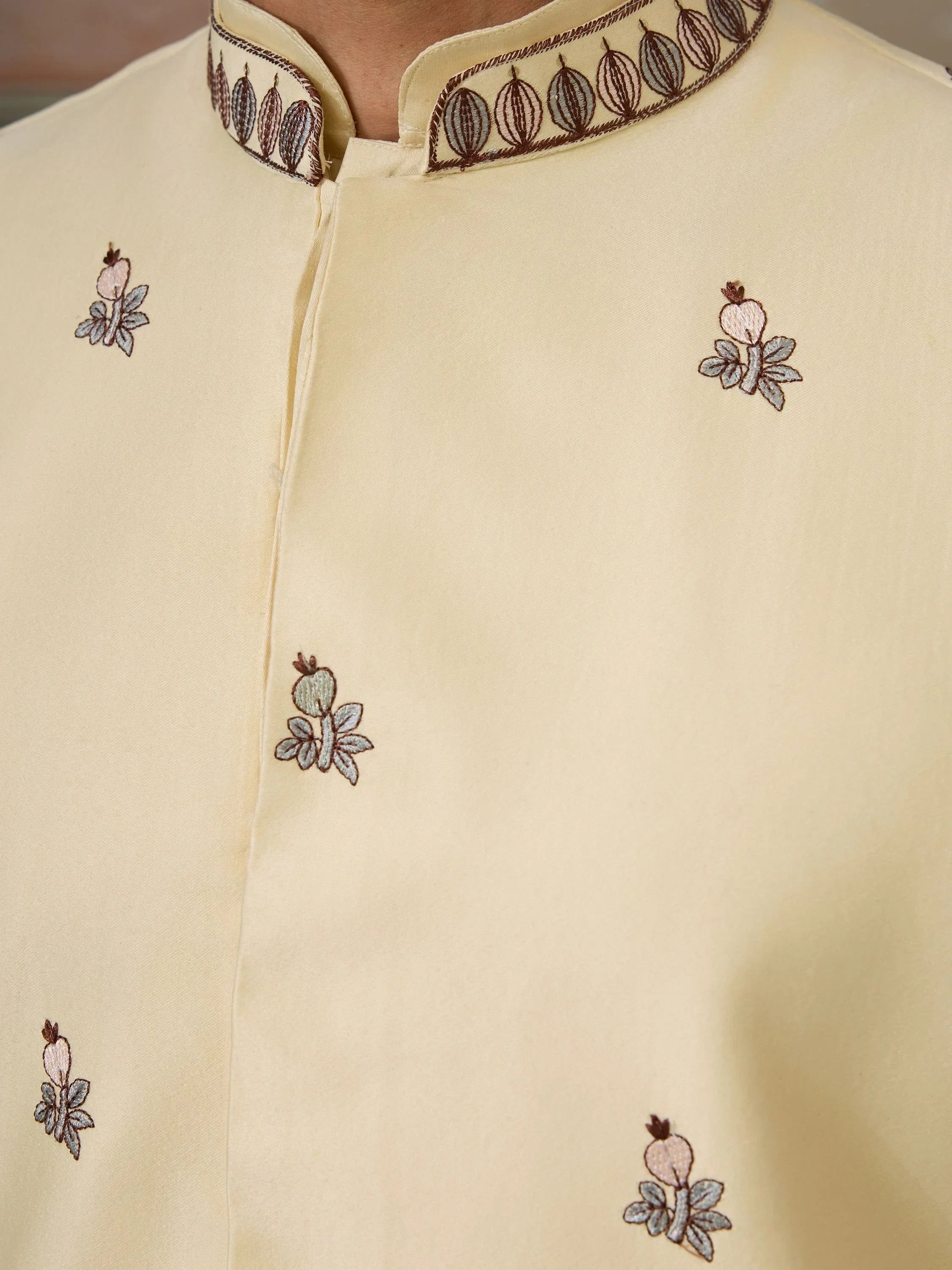 Amazing Light Yellow Thread Work Silk Designer Men Kurta With Pant And Jacket