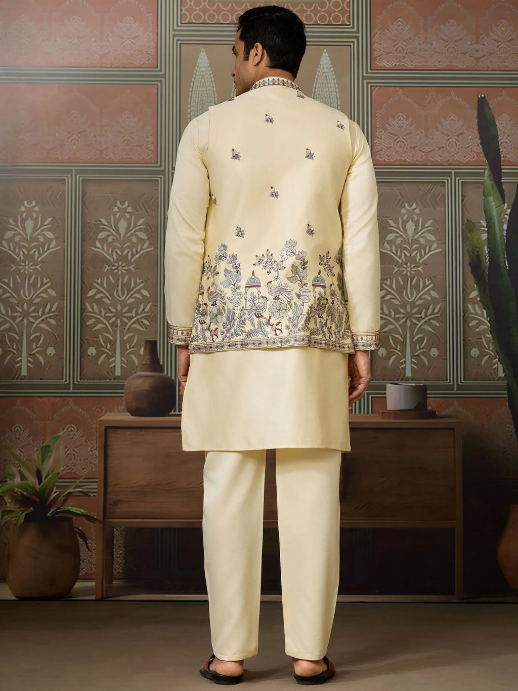 Amazing Light Yellow Thread Work Silk Designer Men Kurta With Pant And Jacket