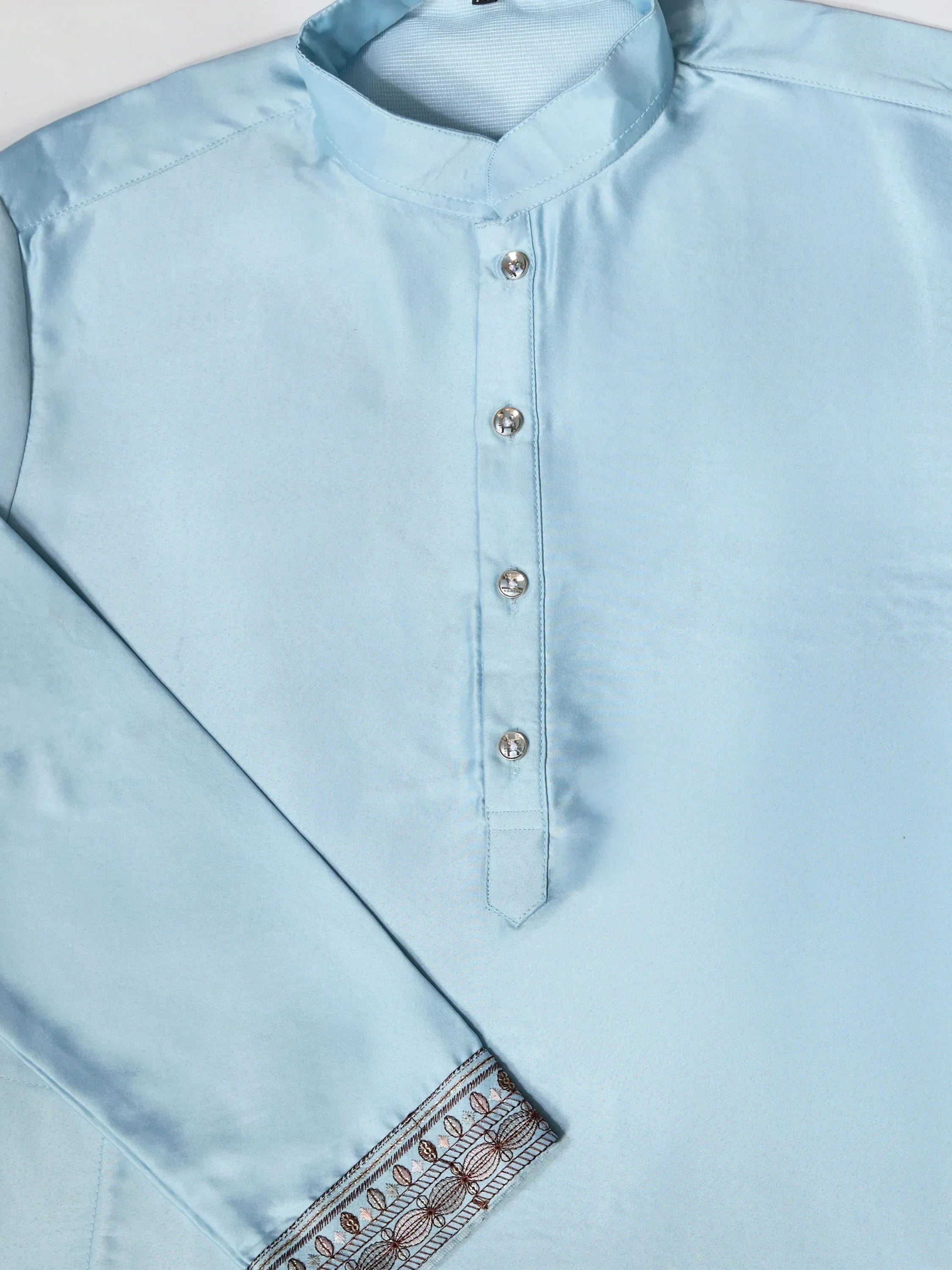 Graceful Sky Blue Thread Embroidered Silk Men Kurta With Pant And Jacket