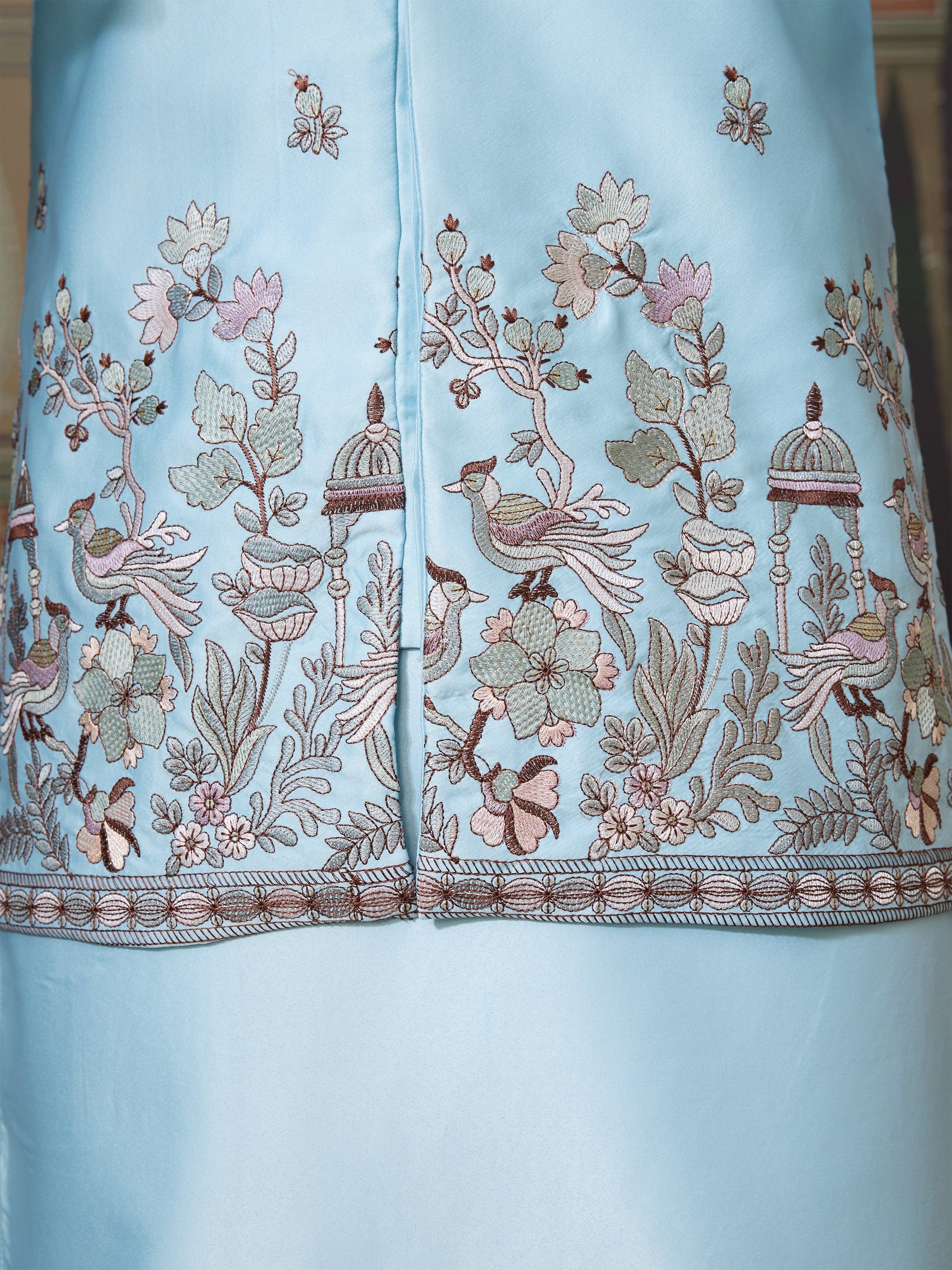 Graceful Sky Blue Thread Embroidered Silk Men Kurta With Pant And Jacket