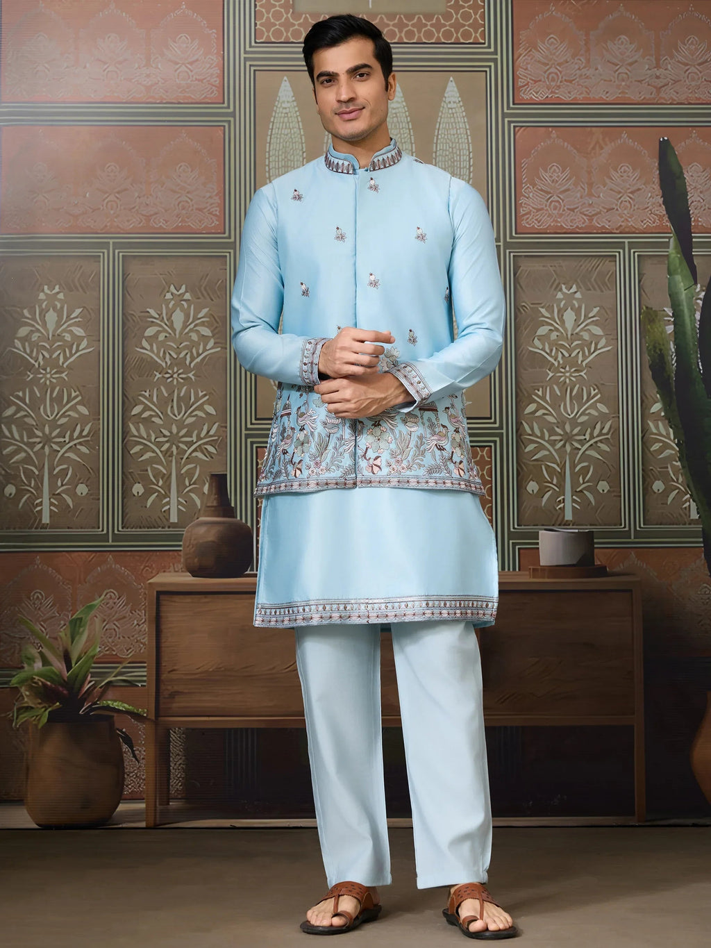 Graceful Sky Blue Thread Embroidered Silk Men Kurta With Pant And Jacket
