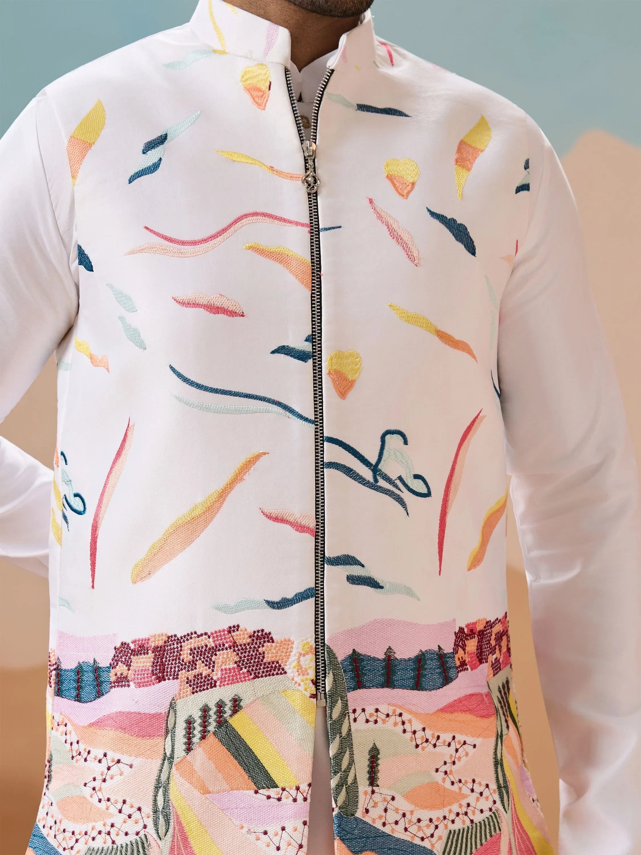 Enchanting White Thread Work Silk Marriage For Men Kurta With Pant And Jacket
