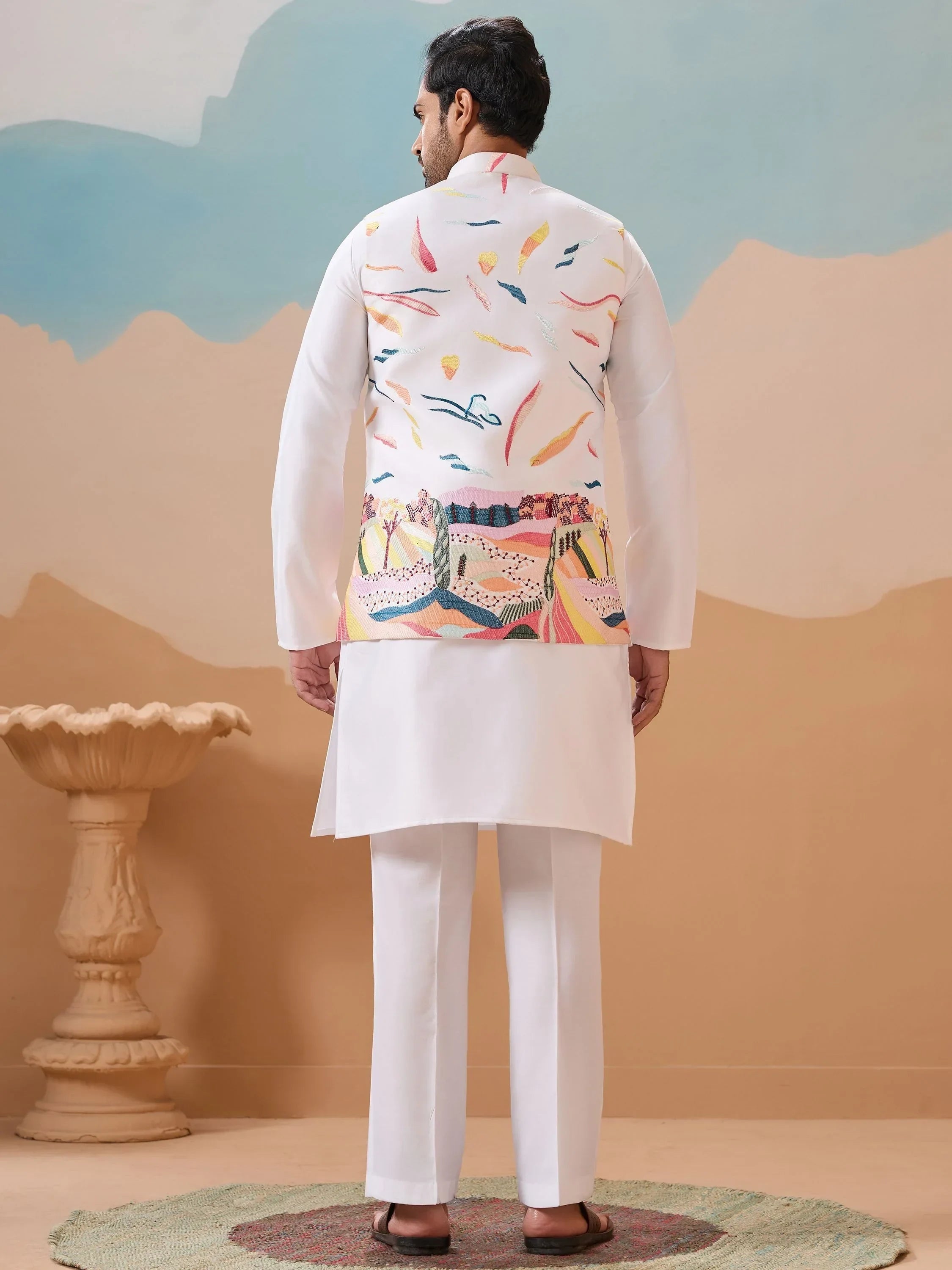 Enchanting White Thread Work Silk Marriage For Men Kurta With Pant And Jacket
