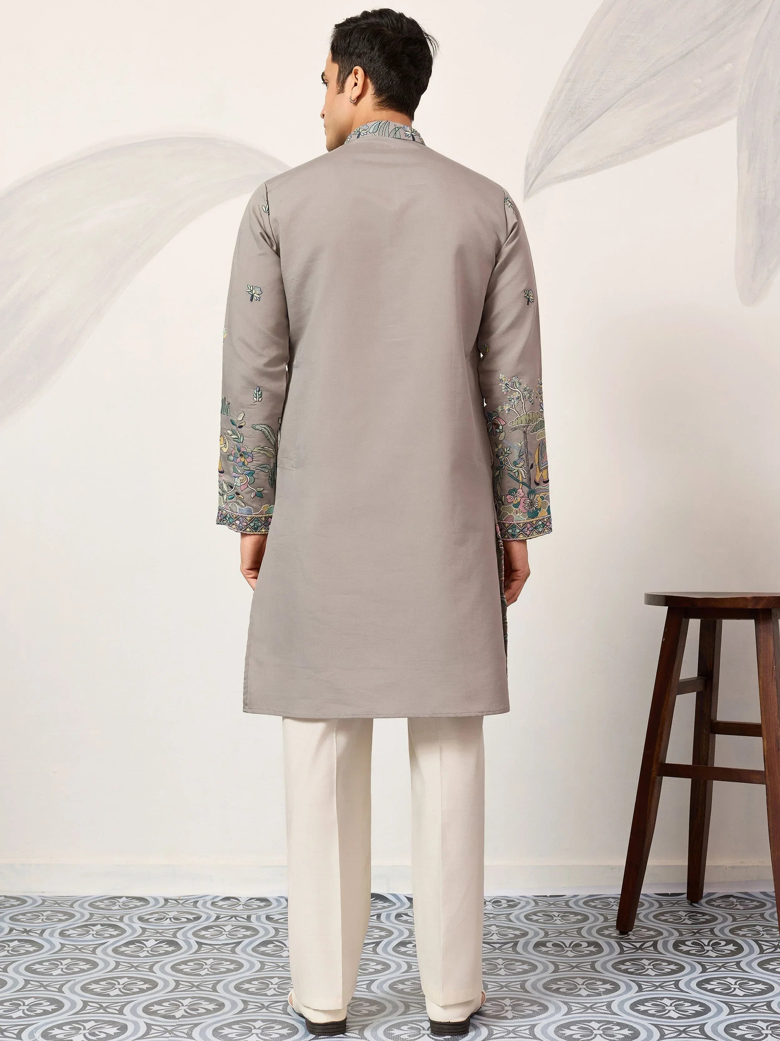 Stunning Grey Thread Embroidered Silk Wedding Wear Men’s Kurta