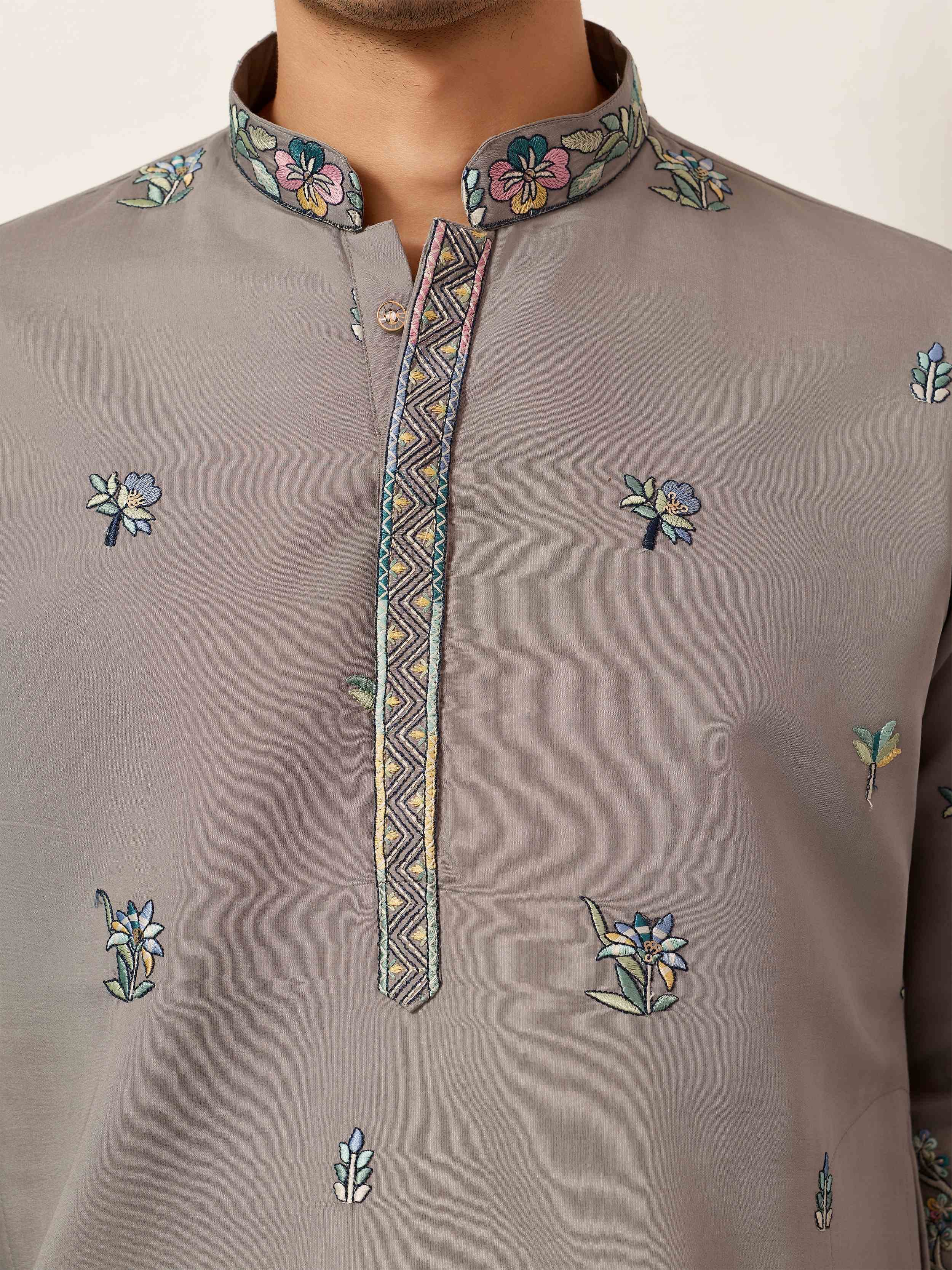 Stunning Grey Thread Embroidered Silk Wedding Wear Men’s Kurta