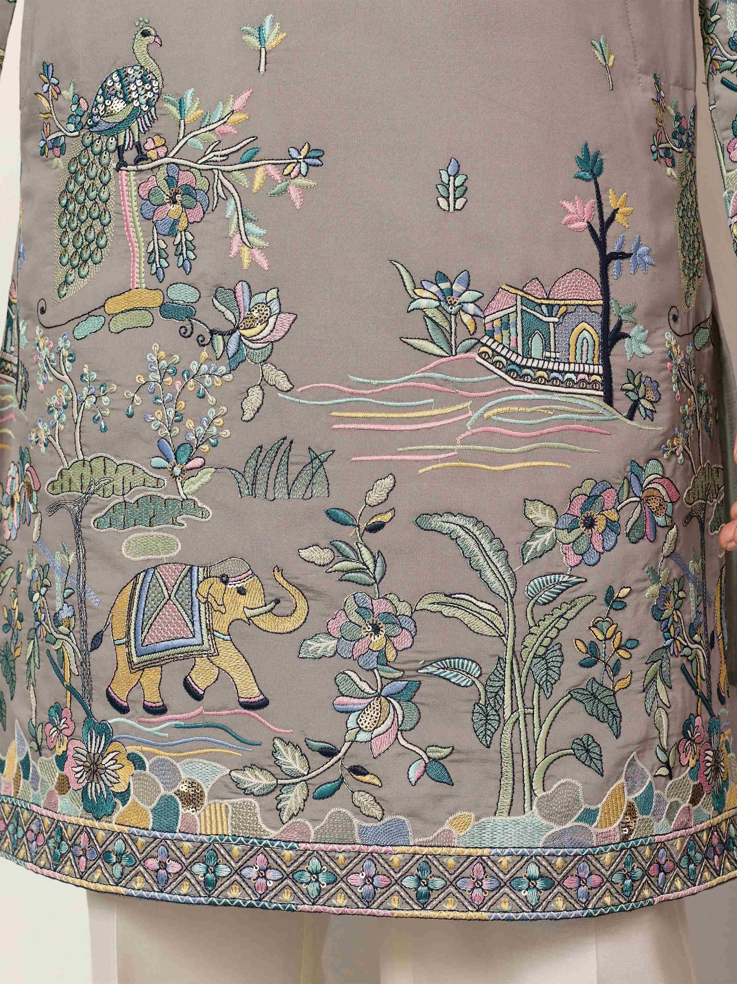 Stunning Grey Thread Embroidered Silk Wedding Wear Men’s Kurta