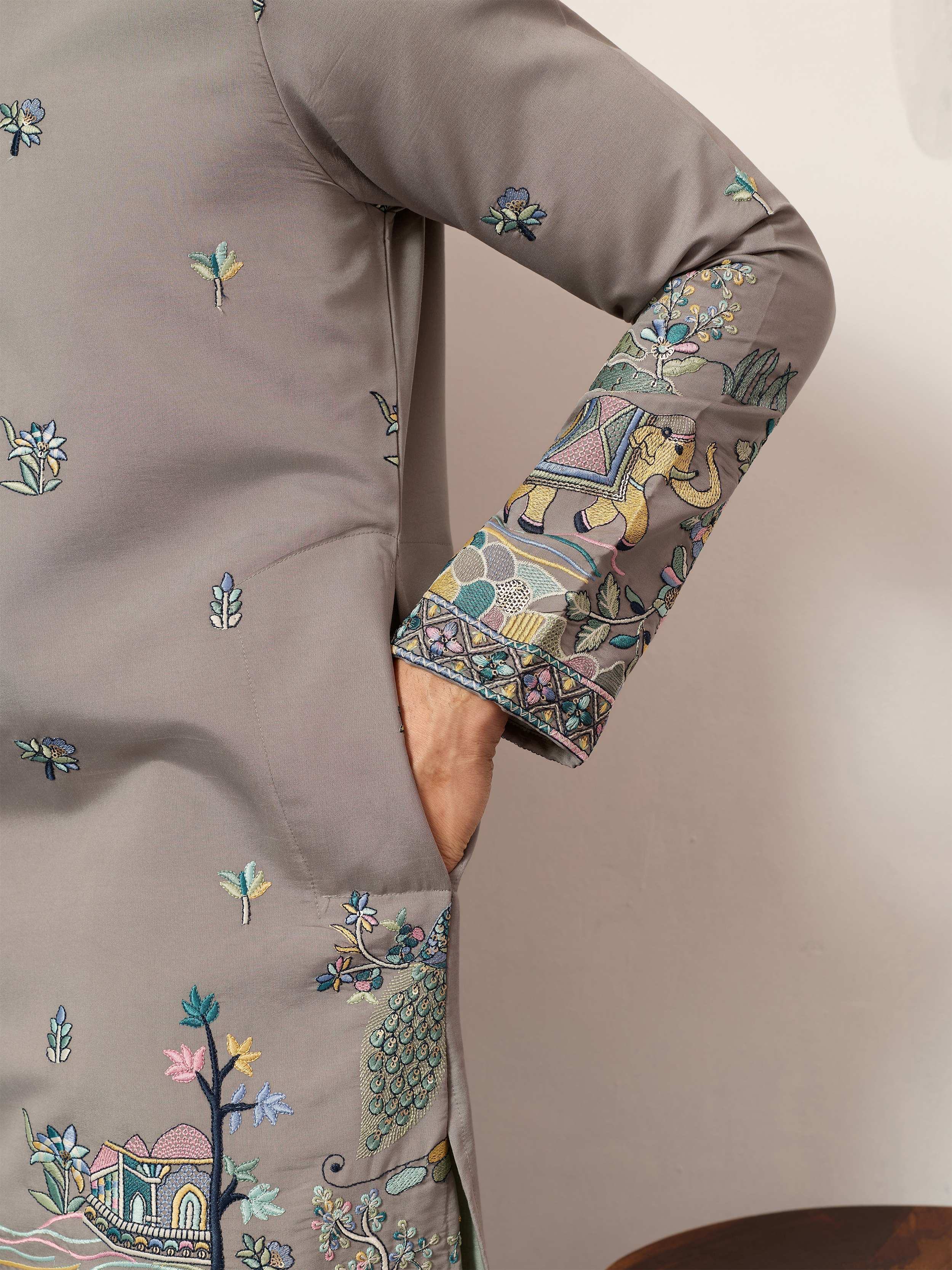 Stunning Grey Thread Embroidered Silk Wedding Wear Men’s Kurta