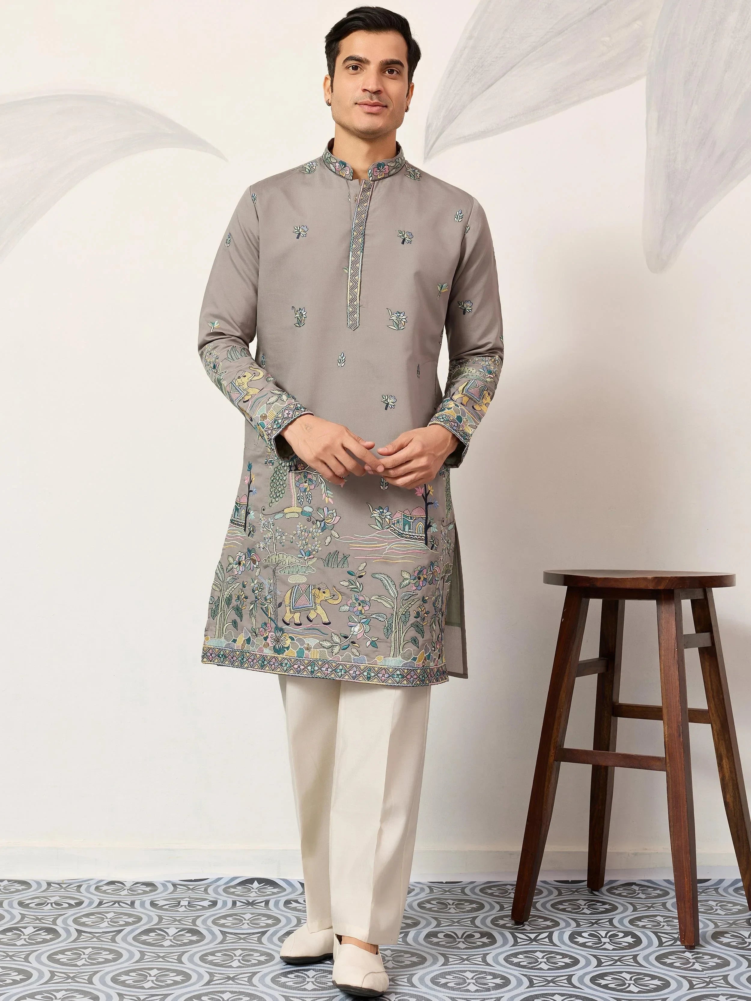 Stunning Grey Thread Embroidered Silk Wedding Wear Men’s Kurta