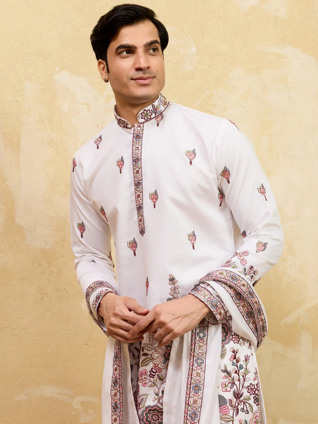 Gorgeous White Sequins Silk Festival Wear Men's Kurta With Dupatta
