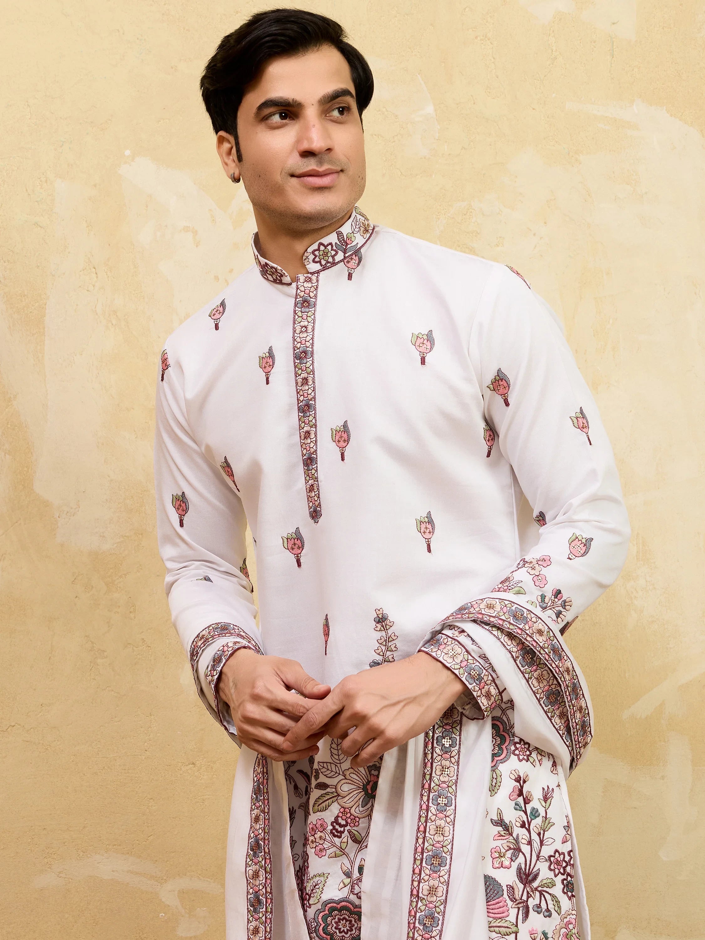 Gorgeous White Sequins Silk Festival Wear Men's Kurta With Dupatta