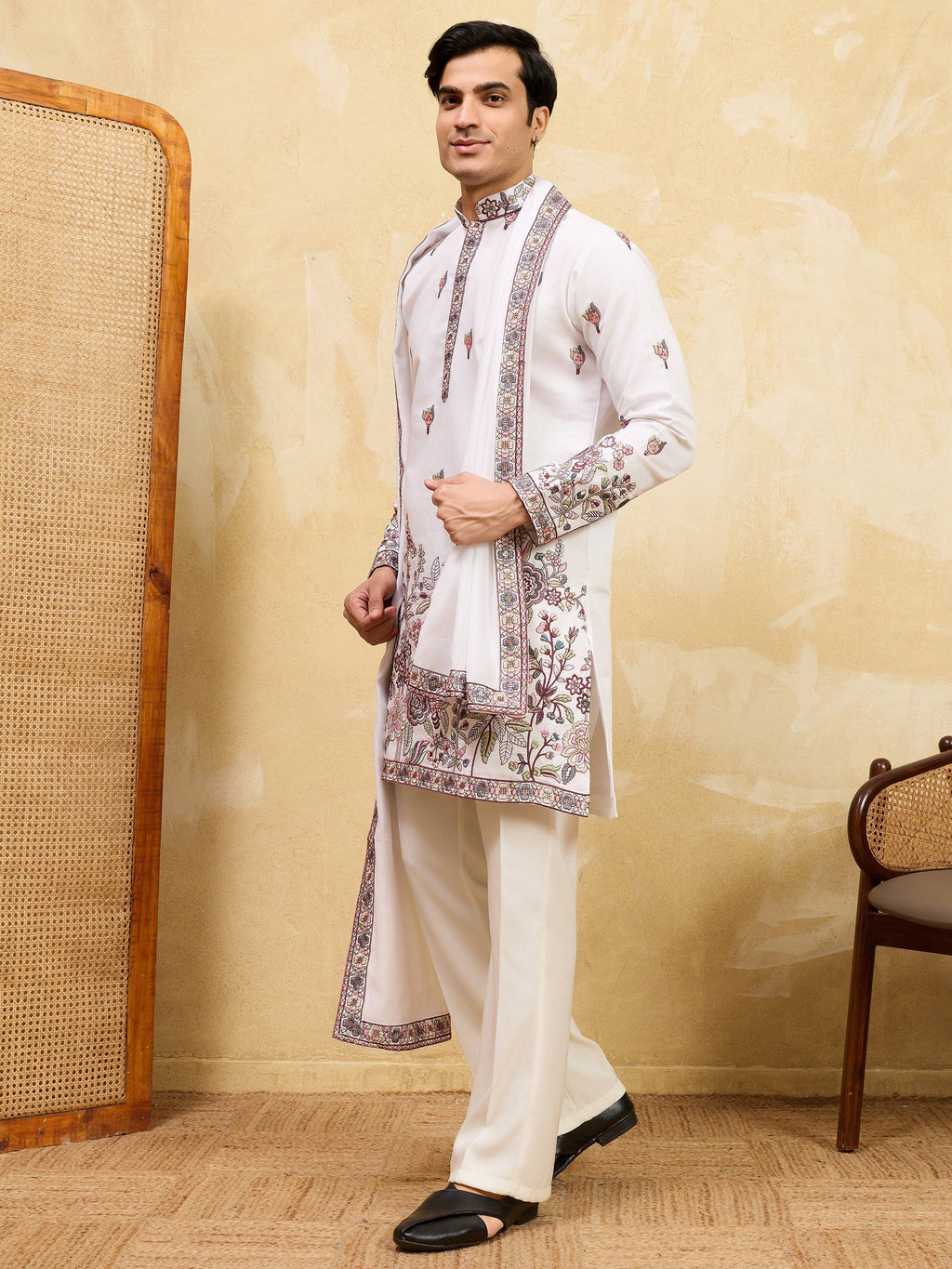 Gorgeous White Sequins Silk Festival Wear Men's Kurta With Dupatta