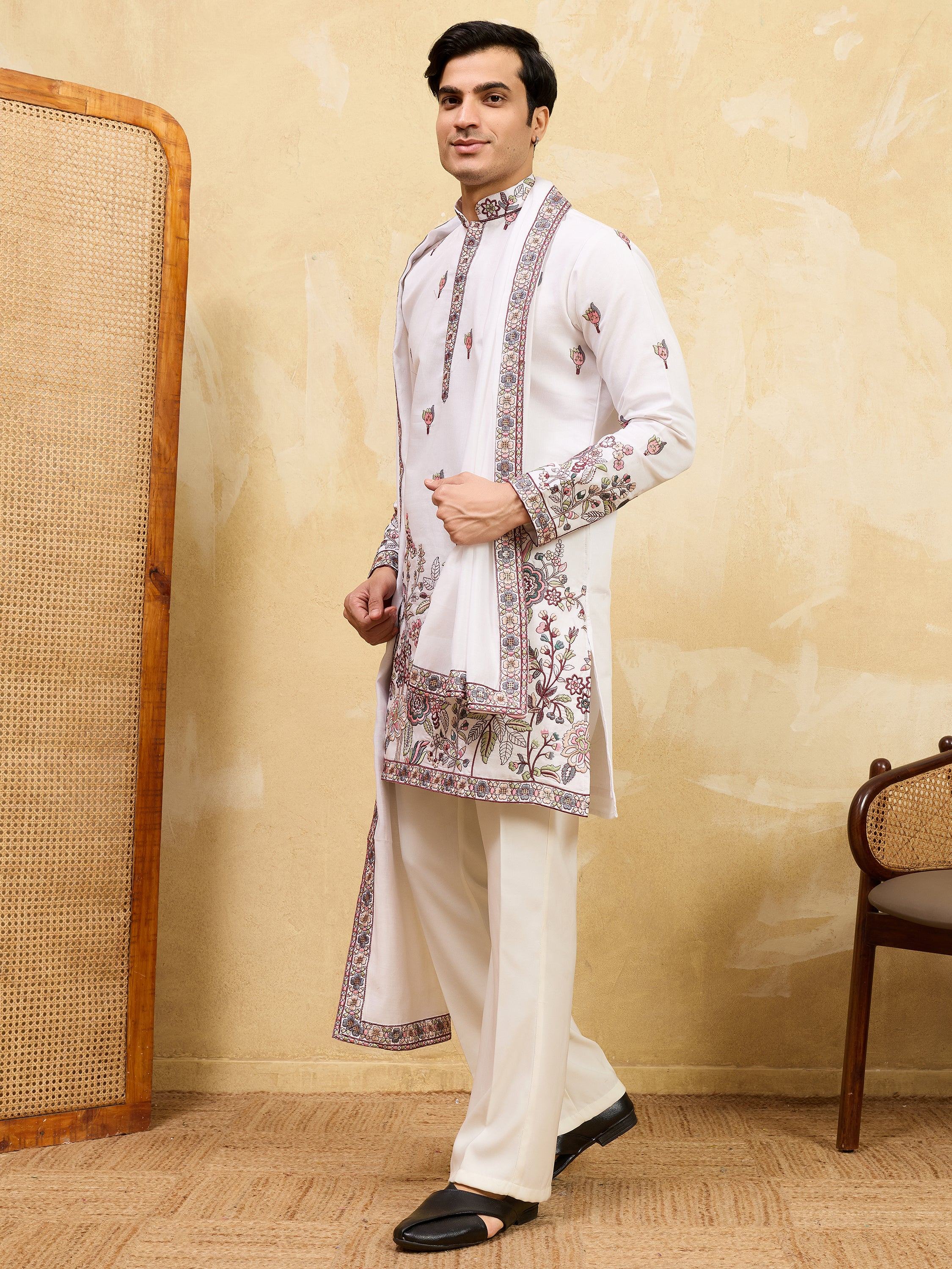 Gorgeous White Sequins Silk Festival Wear Men's Kurta With Dupatta