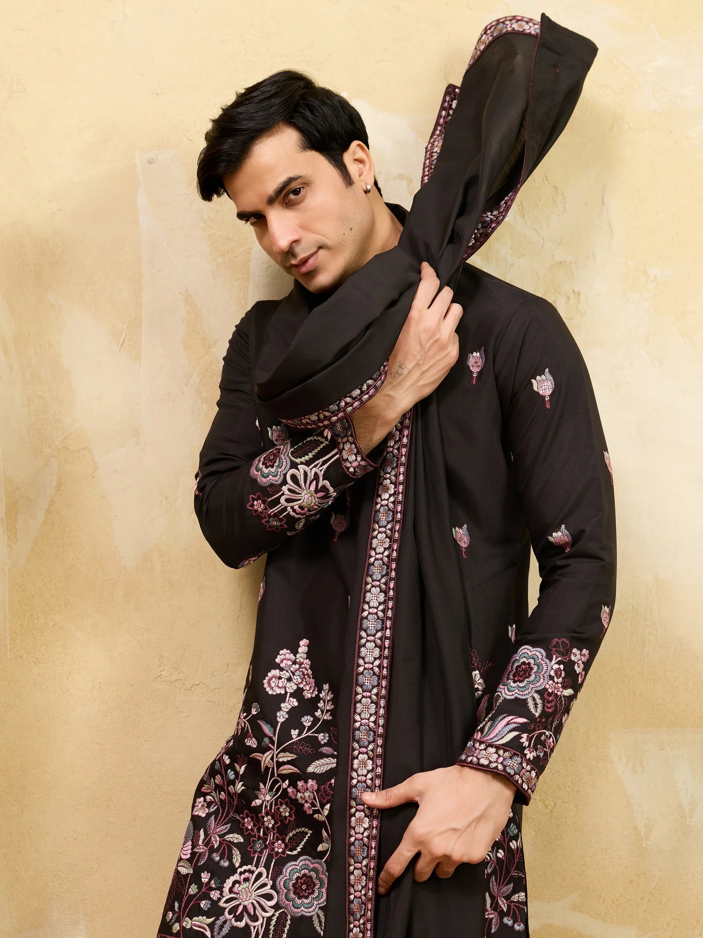 Astonishing Black Thread Embroidered Silk Wedding Wear Men's Kurta
