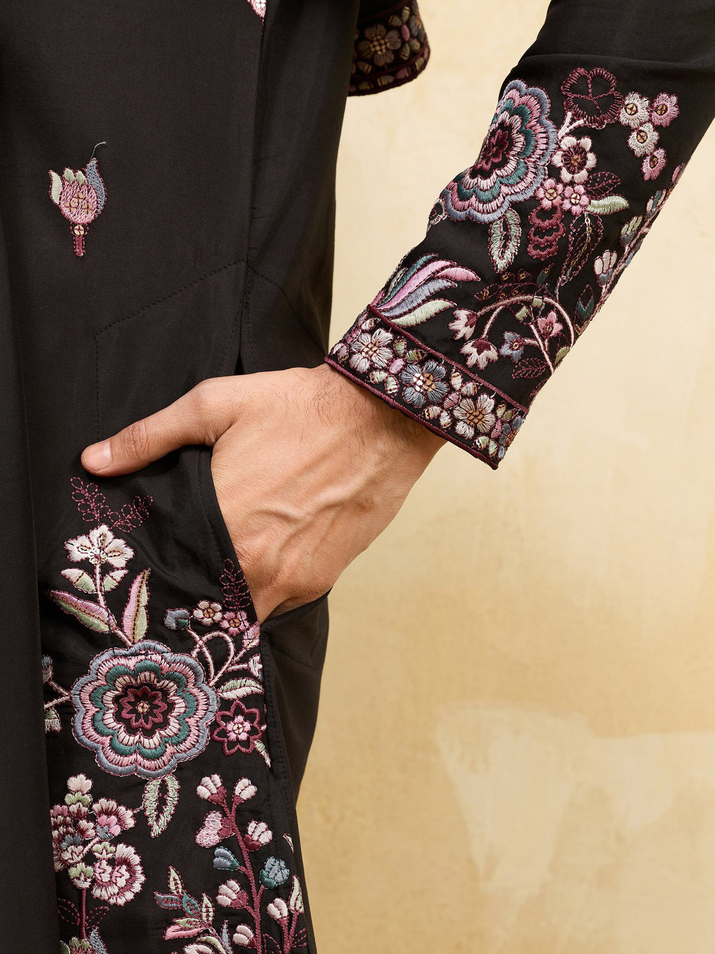Astonishing Black Thread Embroidered Silk Wedding Wear Men's Kurta