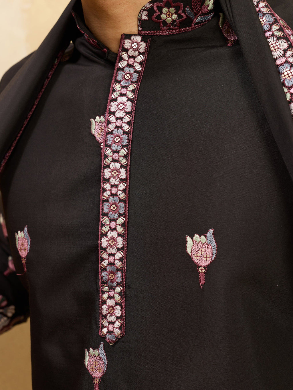 Astonishing Black Thread Embroidered Silk Wedding Wear Men's Kurta