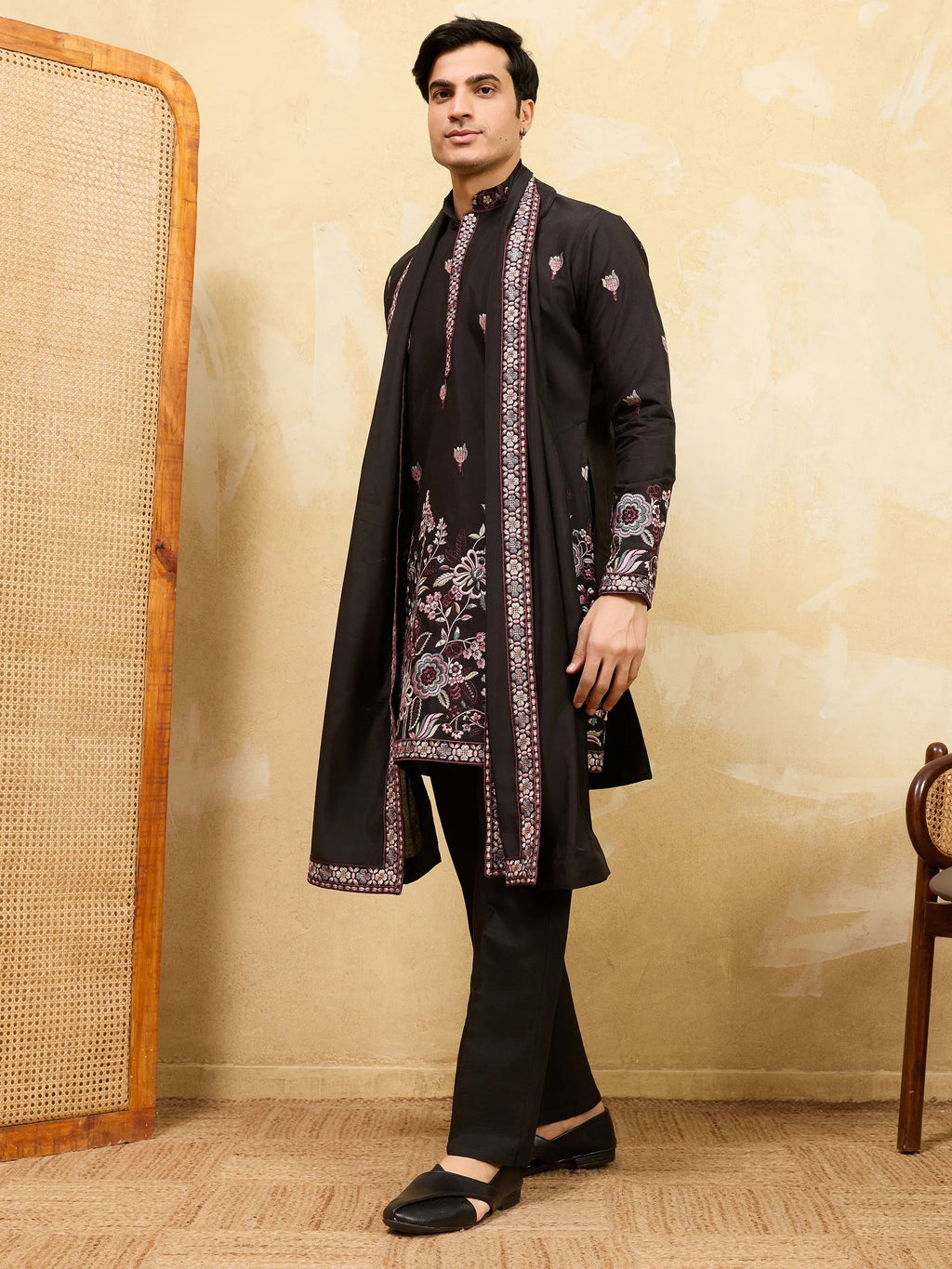 Astonishing Black Thread Embroidered Silk Wedding Wear Men's Kurta
