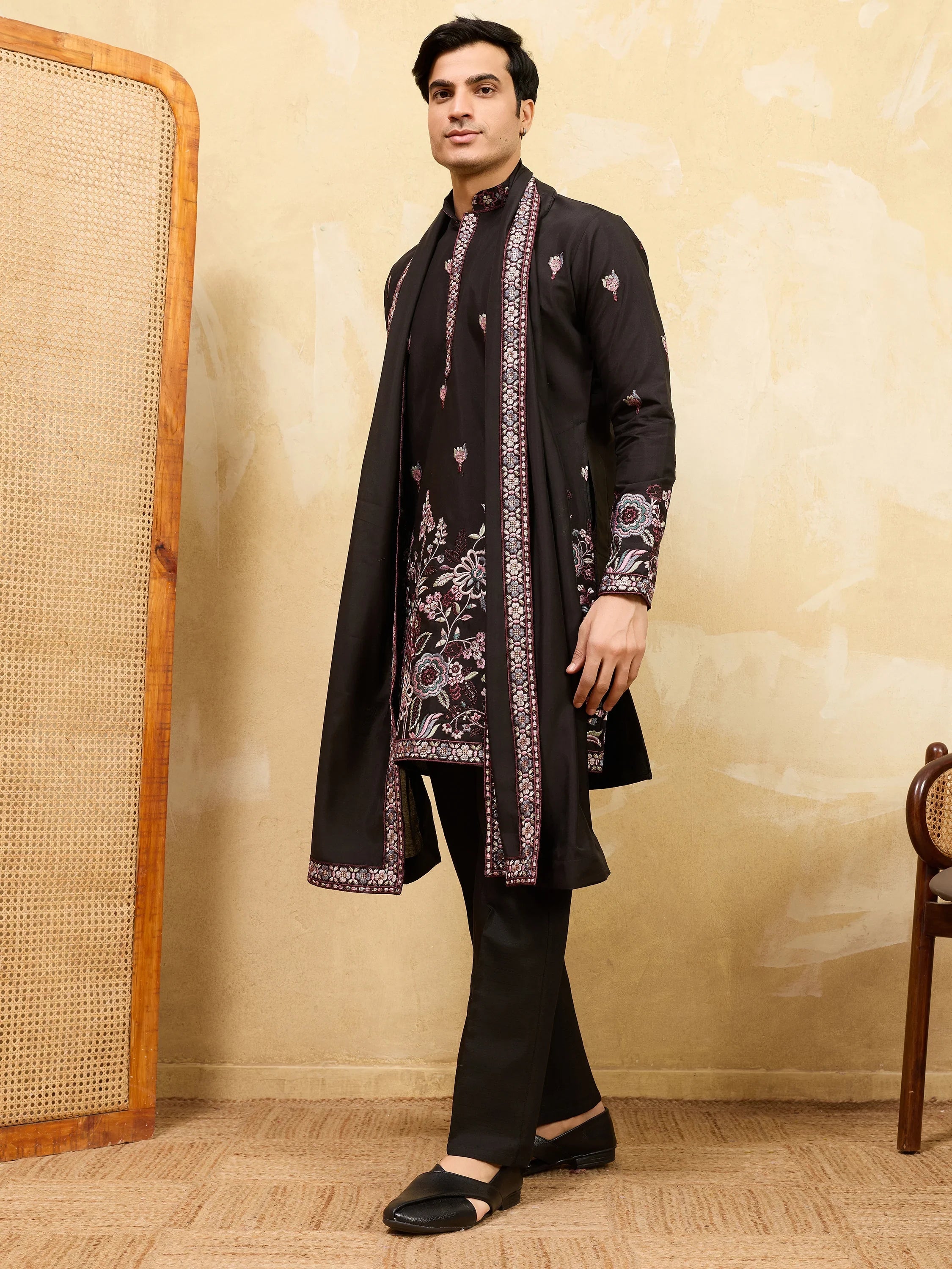 Astonishing Black Thread Embroidered Silk Wedding Wear Men's Kurta
