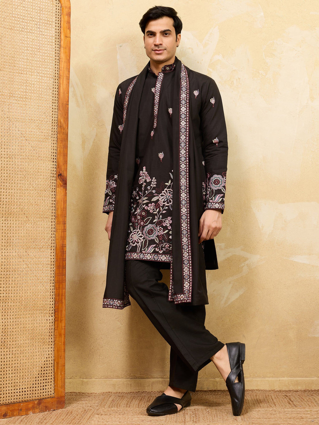 Astonishing Black Thread Embroidered Silk Wedding Wear Men's Kurta