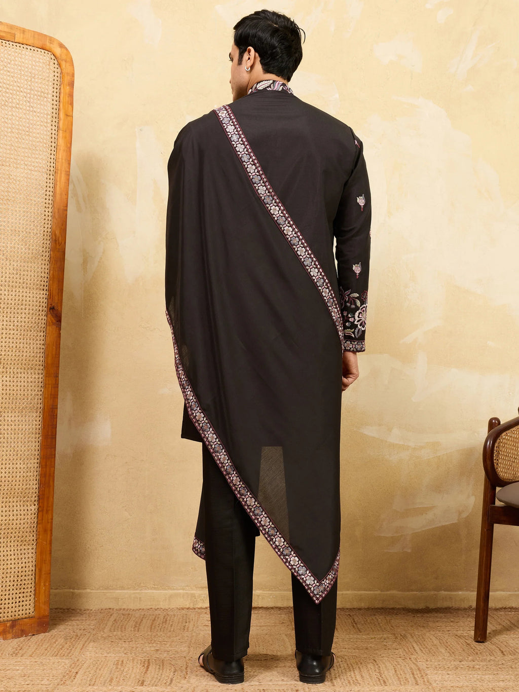 Astonishing Black Thread Embroidered Silk Wedding Wear Men's Kurta