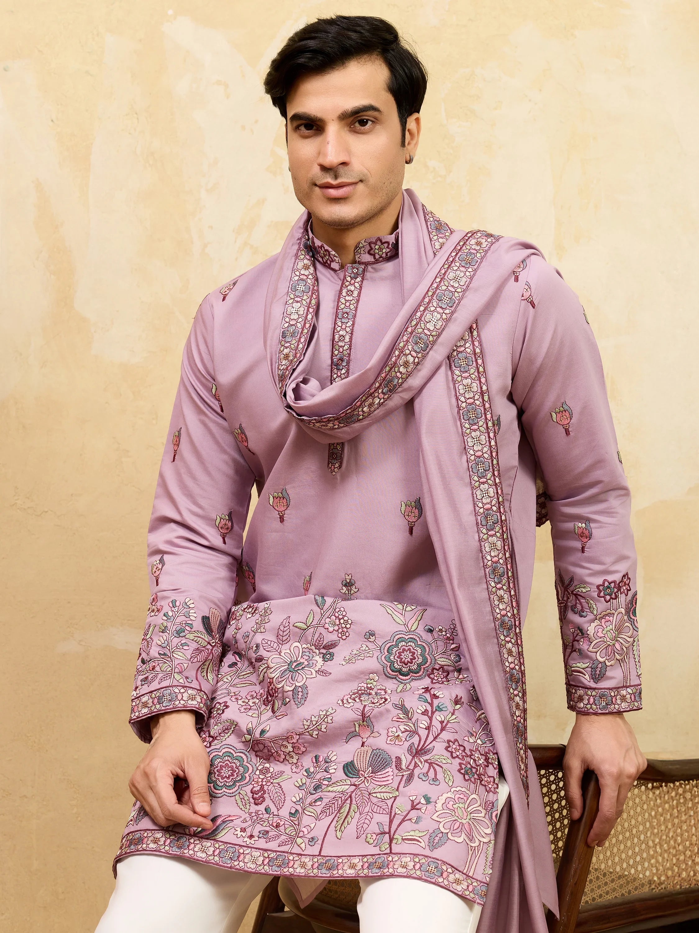 Alluring Dusty Pink Embroidered Viscose Silk Traditional Men's Kurta