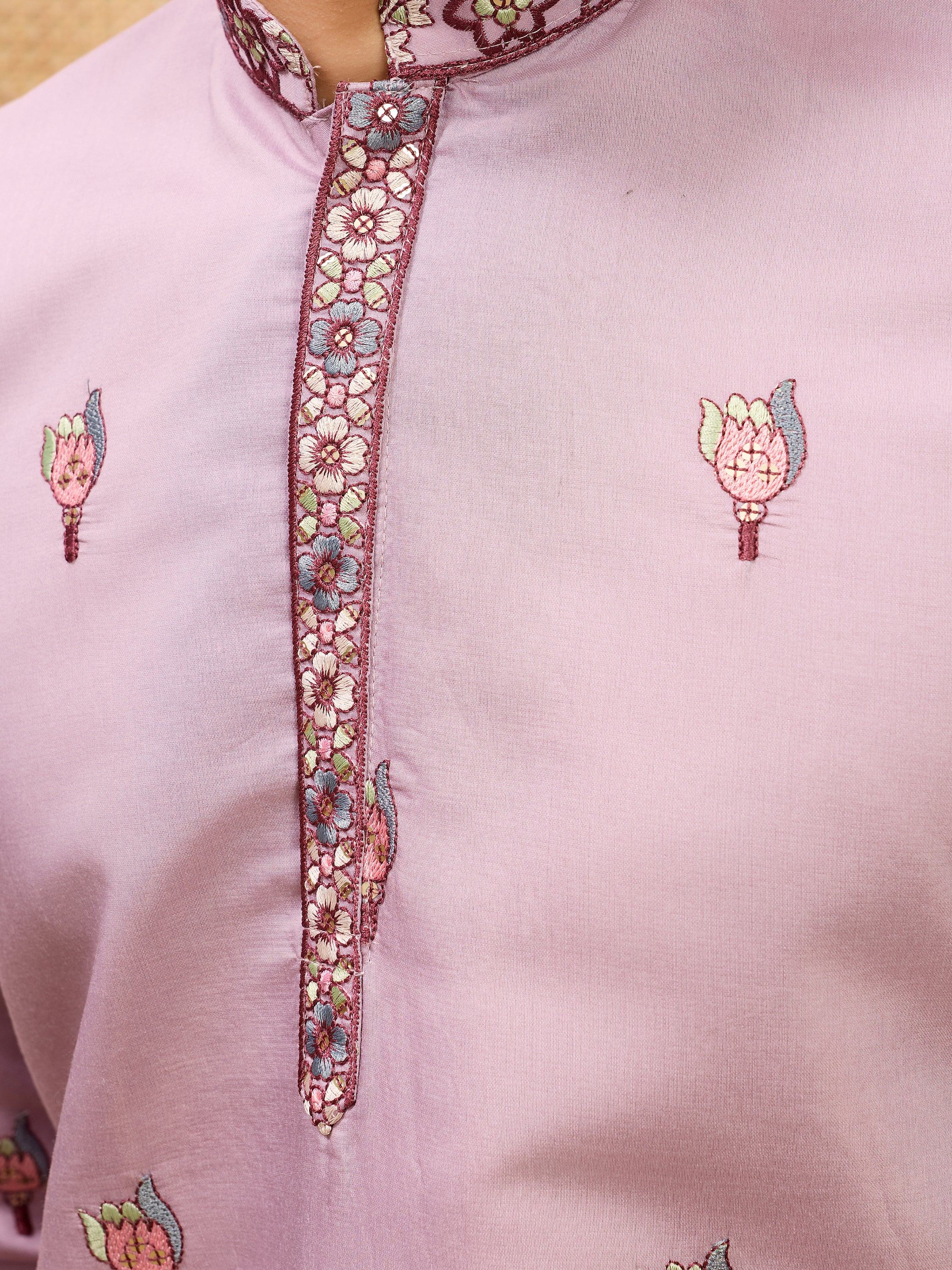 Alluring Dusty Pink Embroidered Viscose Silk Traditional Men's Kurta