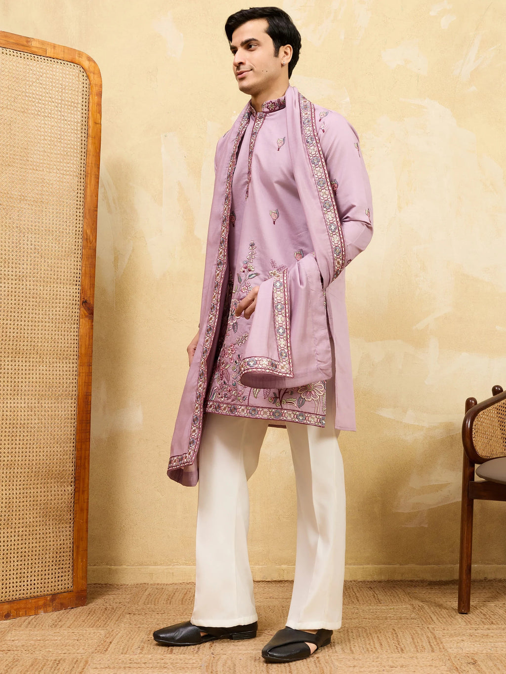 Alluring Dusty Pink Embroidered Viscose Silk Traditional Men's Kurta