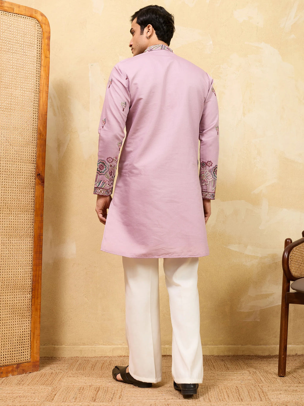 Alluring Dusty Pink Embroidered Viscose Silk Traditional Men's Kurta